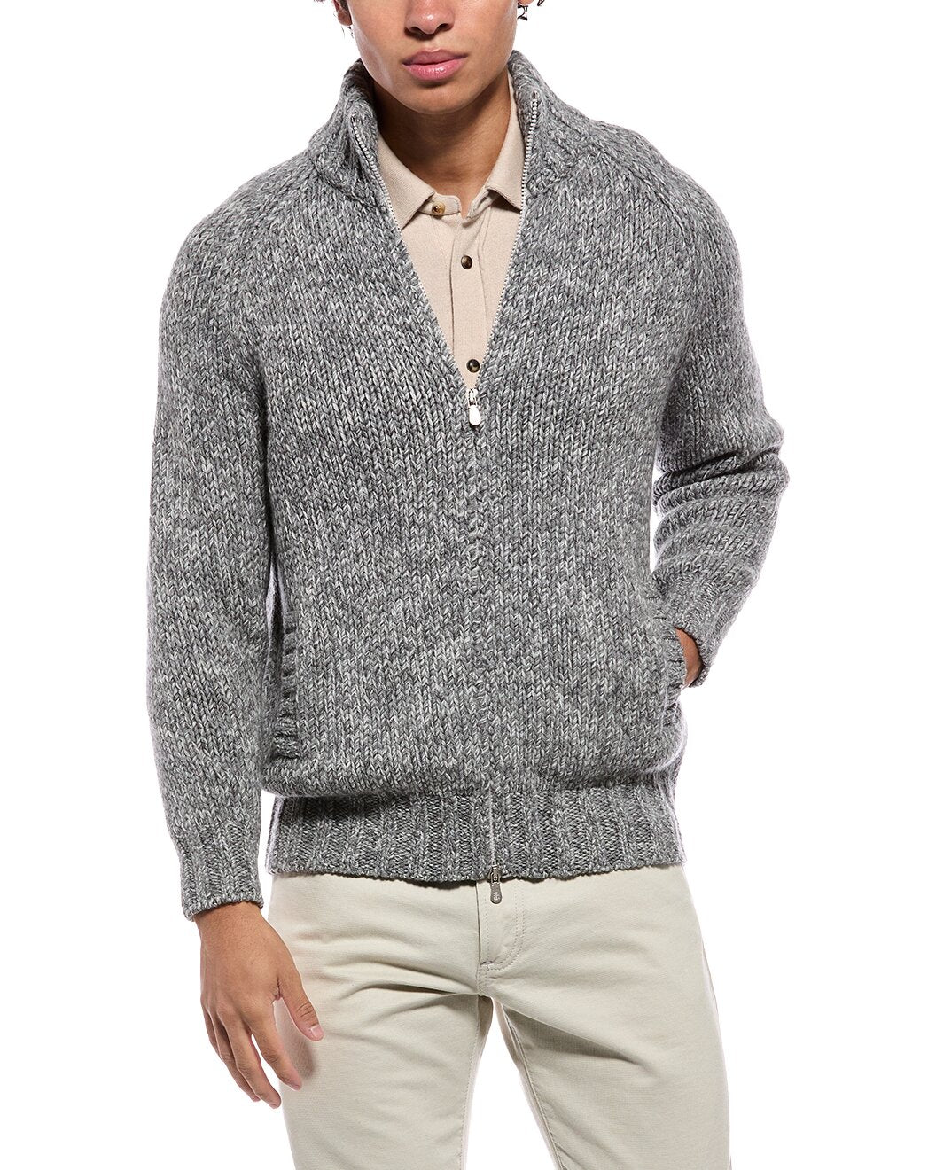 BRUNELLO CUCINELLI MEN'S GREY WOOL SILK BLEND ZIP SWEATER