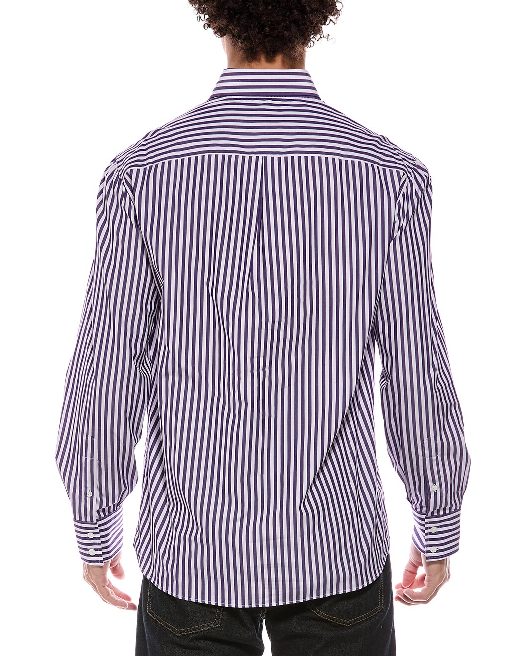 BRUNELLO CUCINELLI MEN'S WHITE AND PURPLE STRIPED COTTON SHIRT
