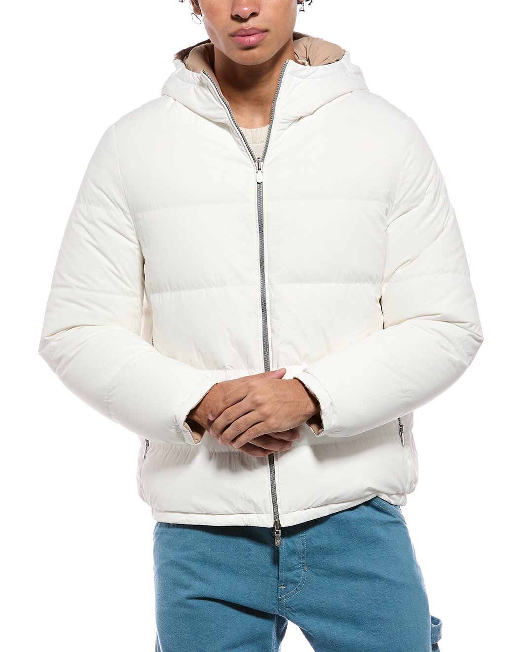 BRUNELLO CUCINELLI MEN'S OFF WHITE HOODED PUFFER JACKET