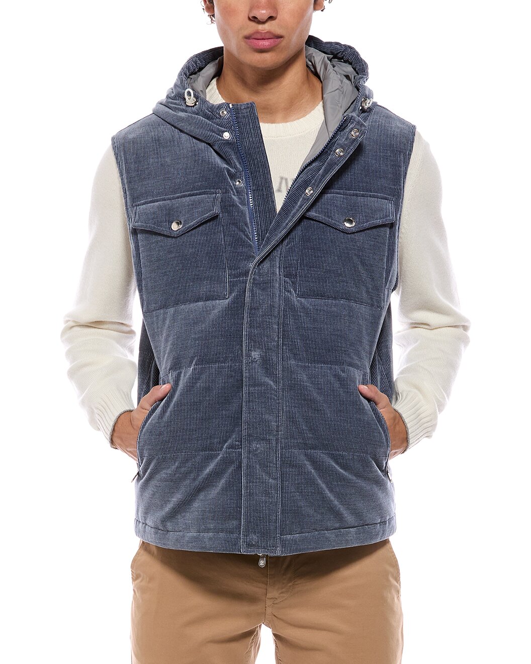 BRUNELLO CUCINELLI MEN'S DENIM COTTON WOOL HOODED VEST