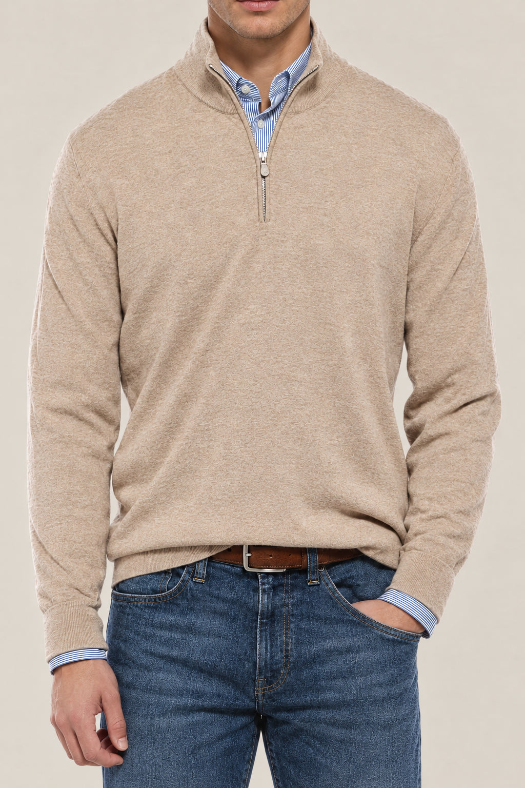 BRUNELLO CUCINELLI MEN'S BROWN WOOL HALF ZIP SWEATER