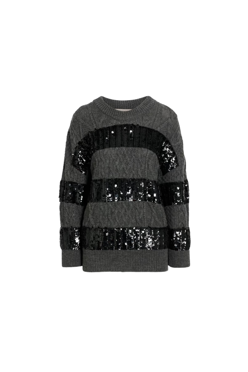 Valentino Garavani Sequin-Embellished Cable-Knit Wool Sweater Grigio Mel.Scuro/Nero 3B0KC50D88A_ZPH
