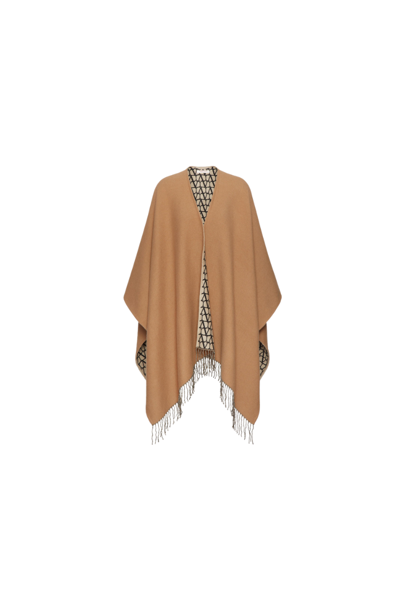 Valentino Asymmetrical Wool Poncho With Fringed Edge In Beige