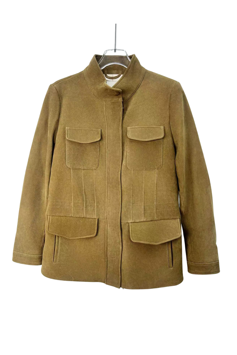 Max Simple Utility Leather Jacket_Khaki