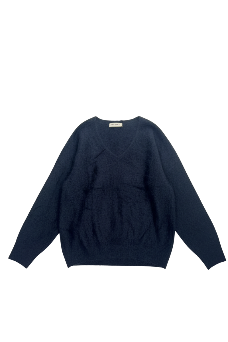 Max Simple Brushed V-Neck Cashmere Sweater_Blue