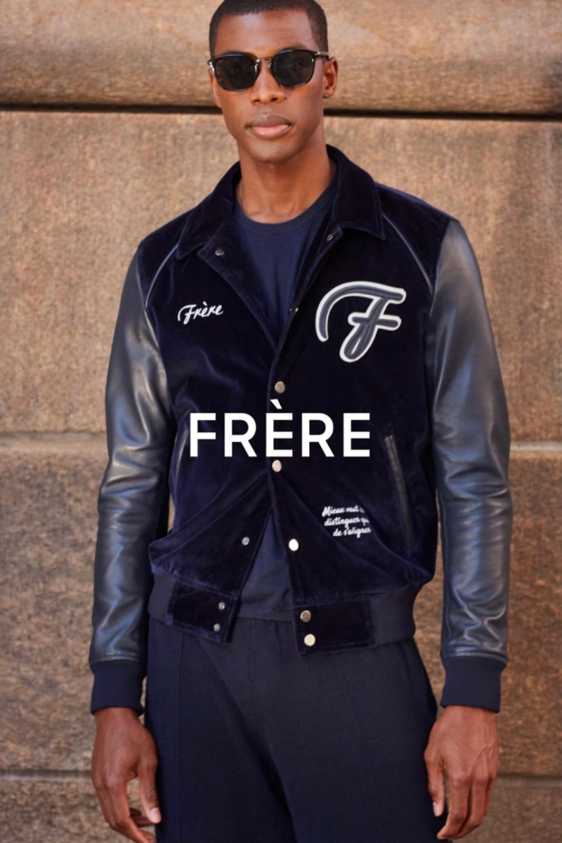 Frere Navy Hibiscus Varsity Cashmere & Leather Jacket