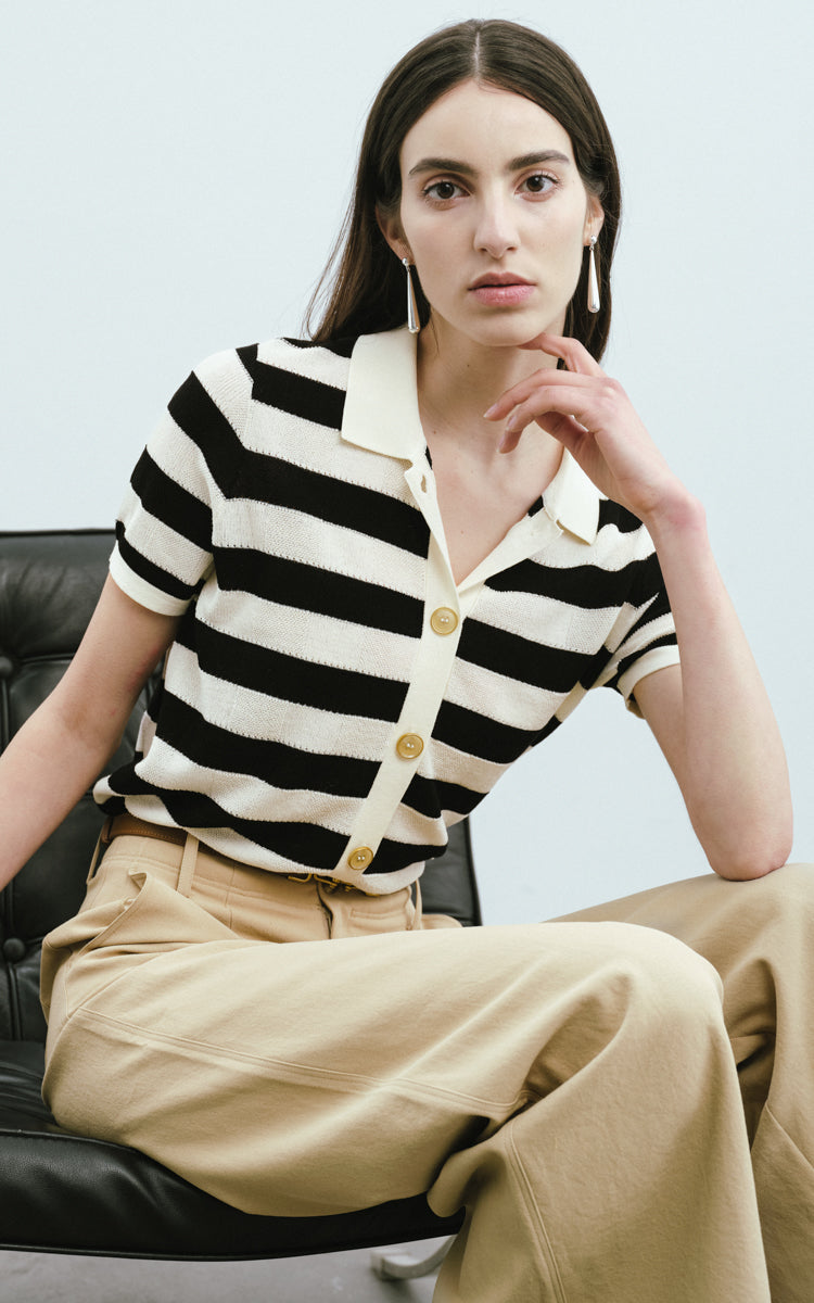 Max Simple Collared Striped Short-Sleeve Black