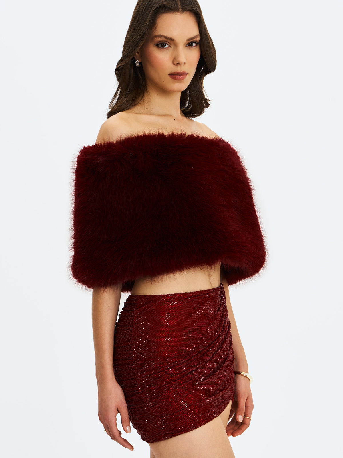 Darla Burgundy Faux Fur Off-Shoulder Cropped Top