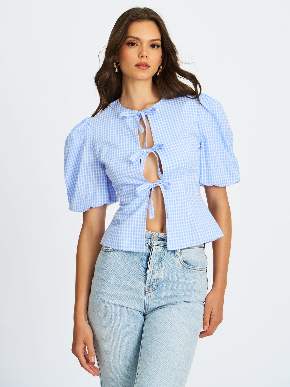 Qusayla Baby Blue Gingham Cotton Bubble Sleeve Bowtie Top