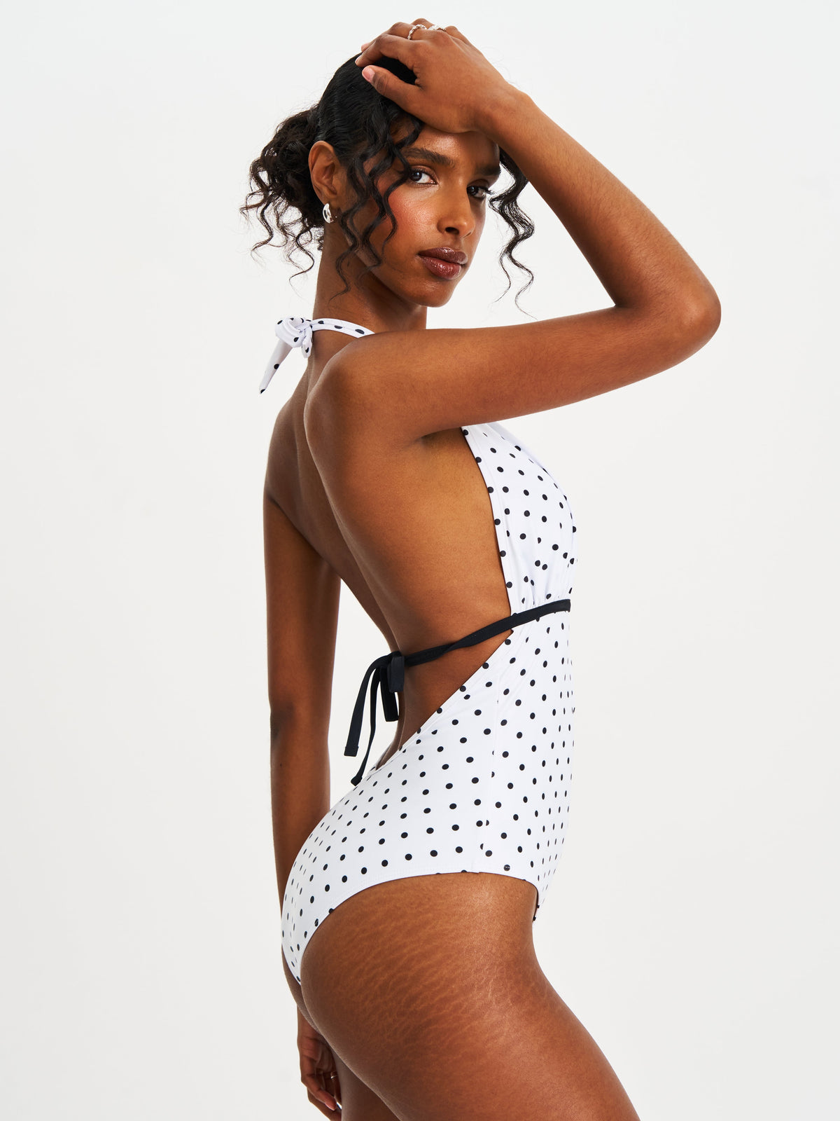 Olive White Base Polka Dot Ruched Halter Backless Swimsuit