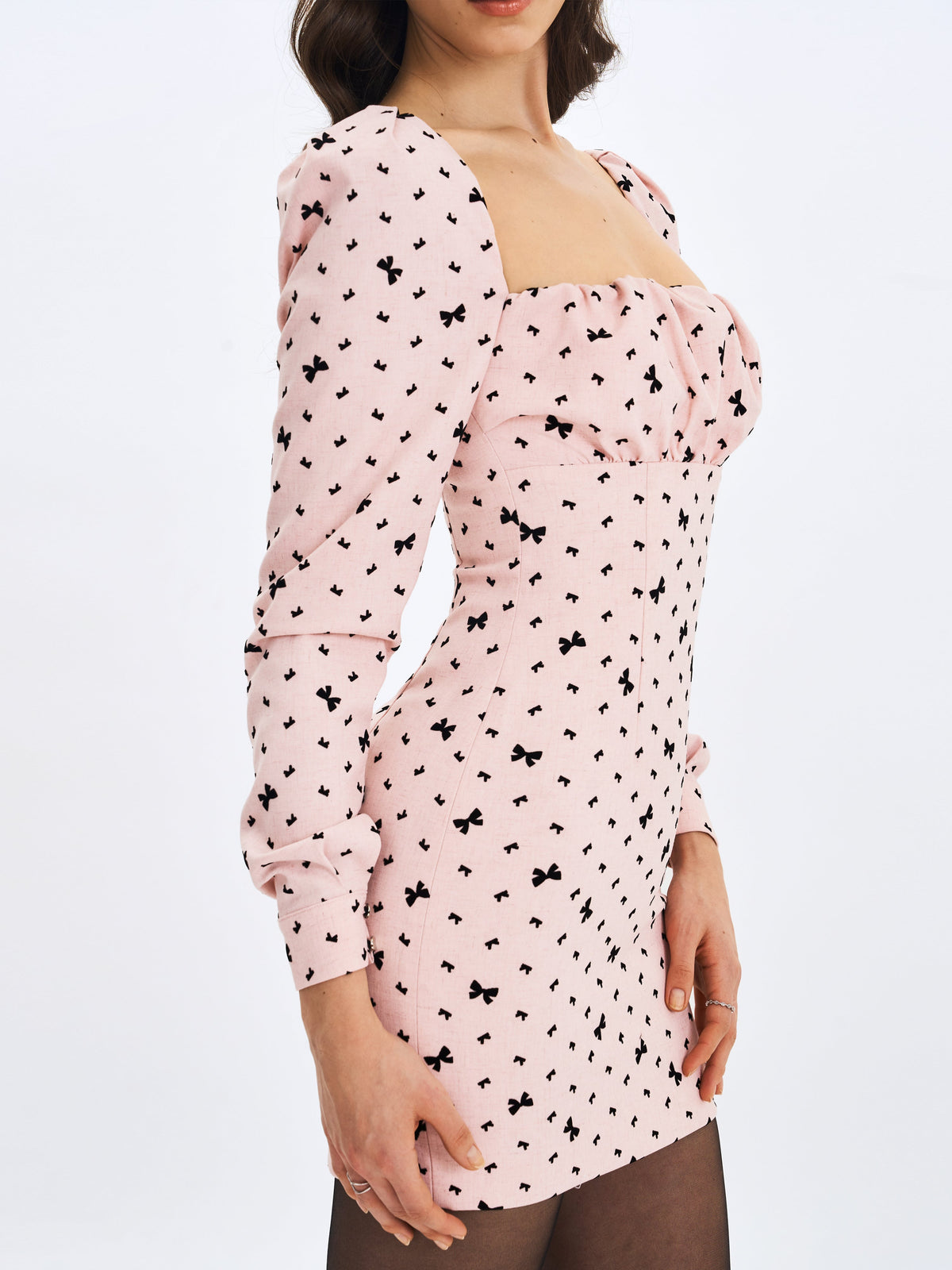 Perla Baby Pink Ruched Bust Velvet-Embossed Bow Mini Dress