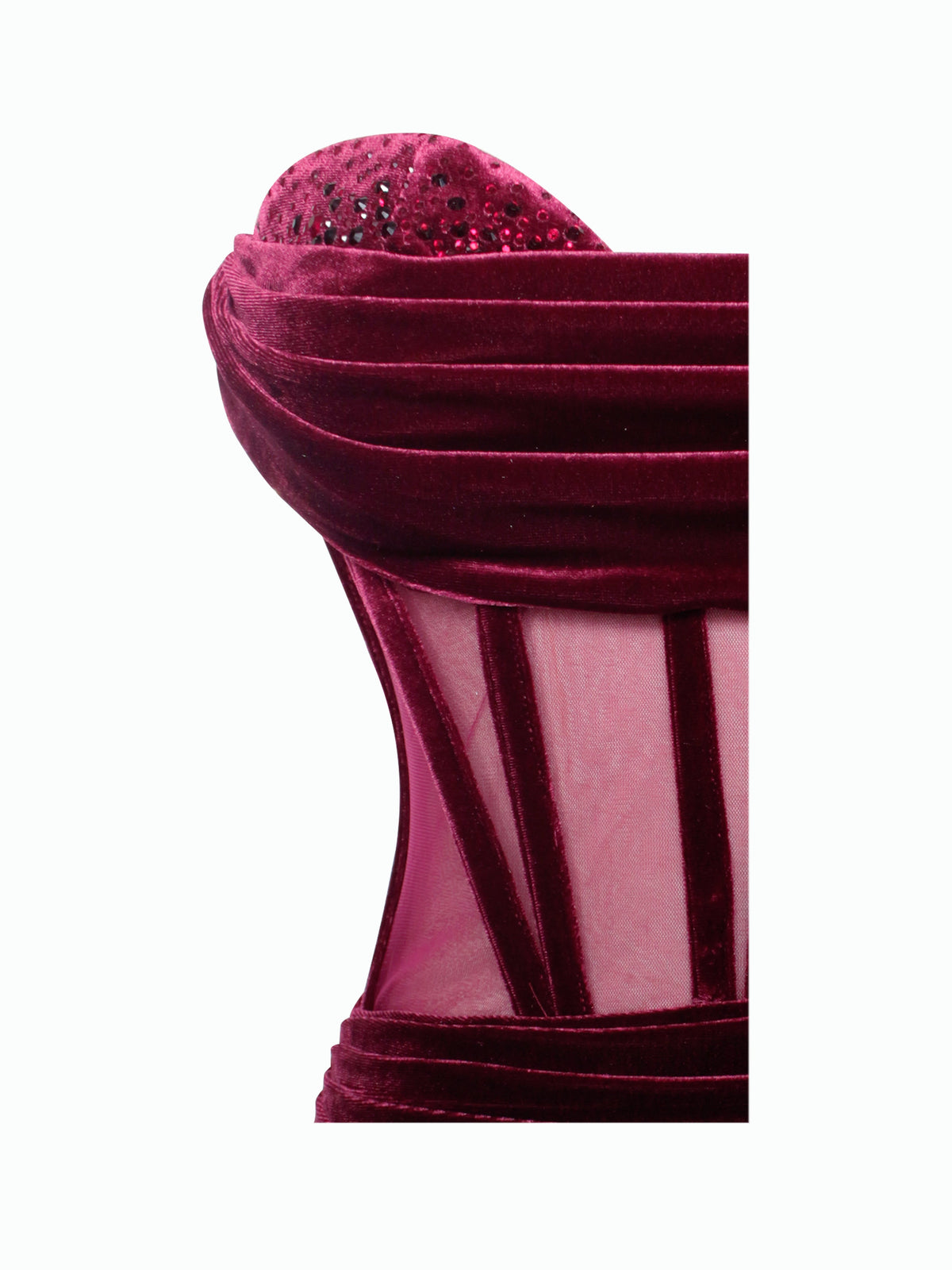 Octavia Burgundy Draping Crystal Corset High Slit Velvet Gown (Archive Sale)