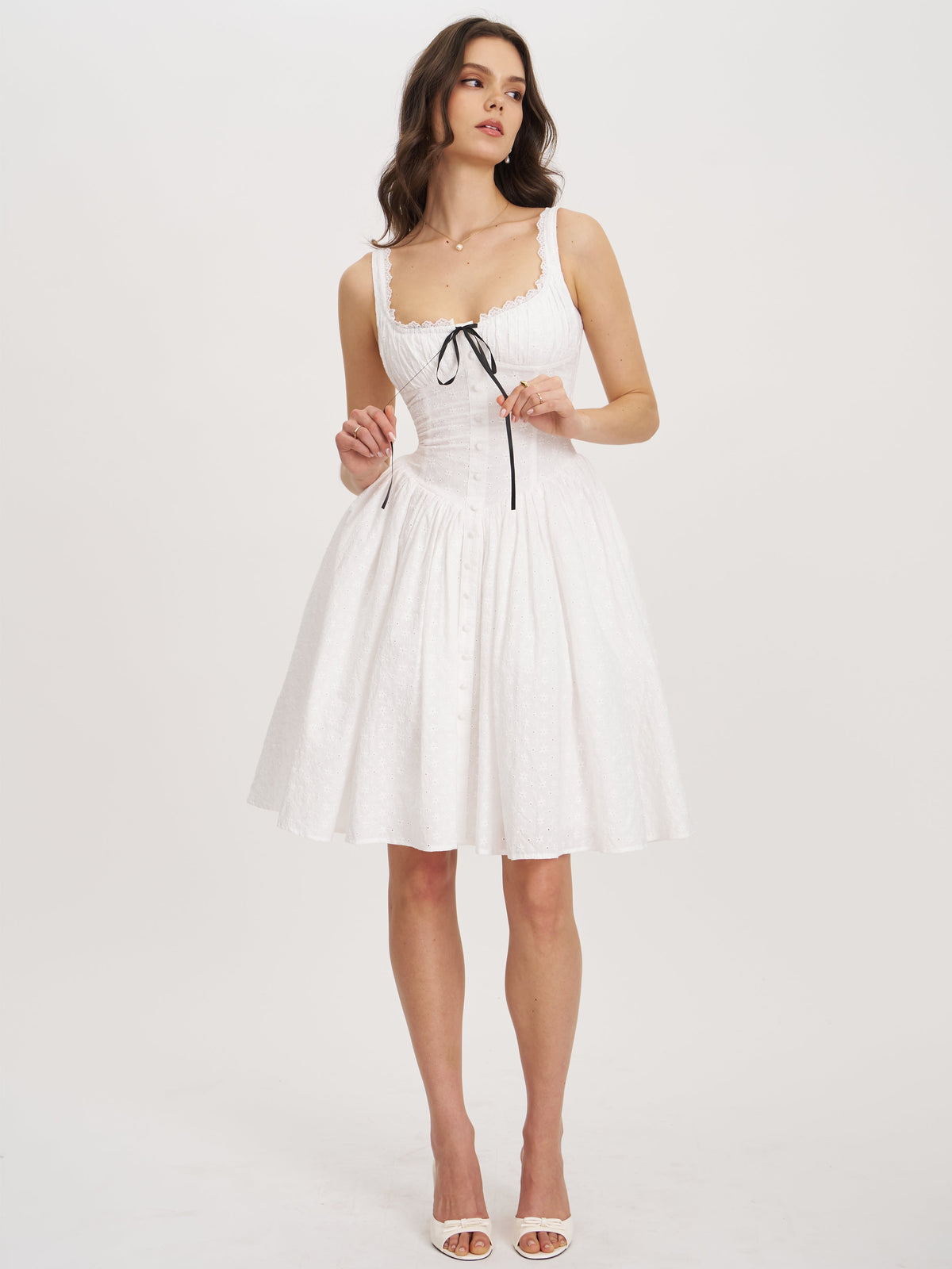 Madison White Cotton Eyelet Square Neck Midi Dress
