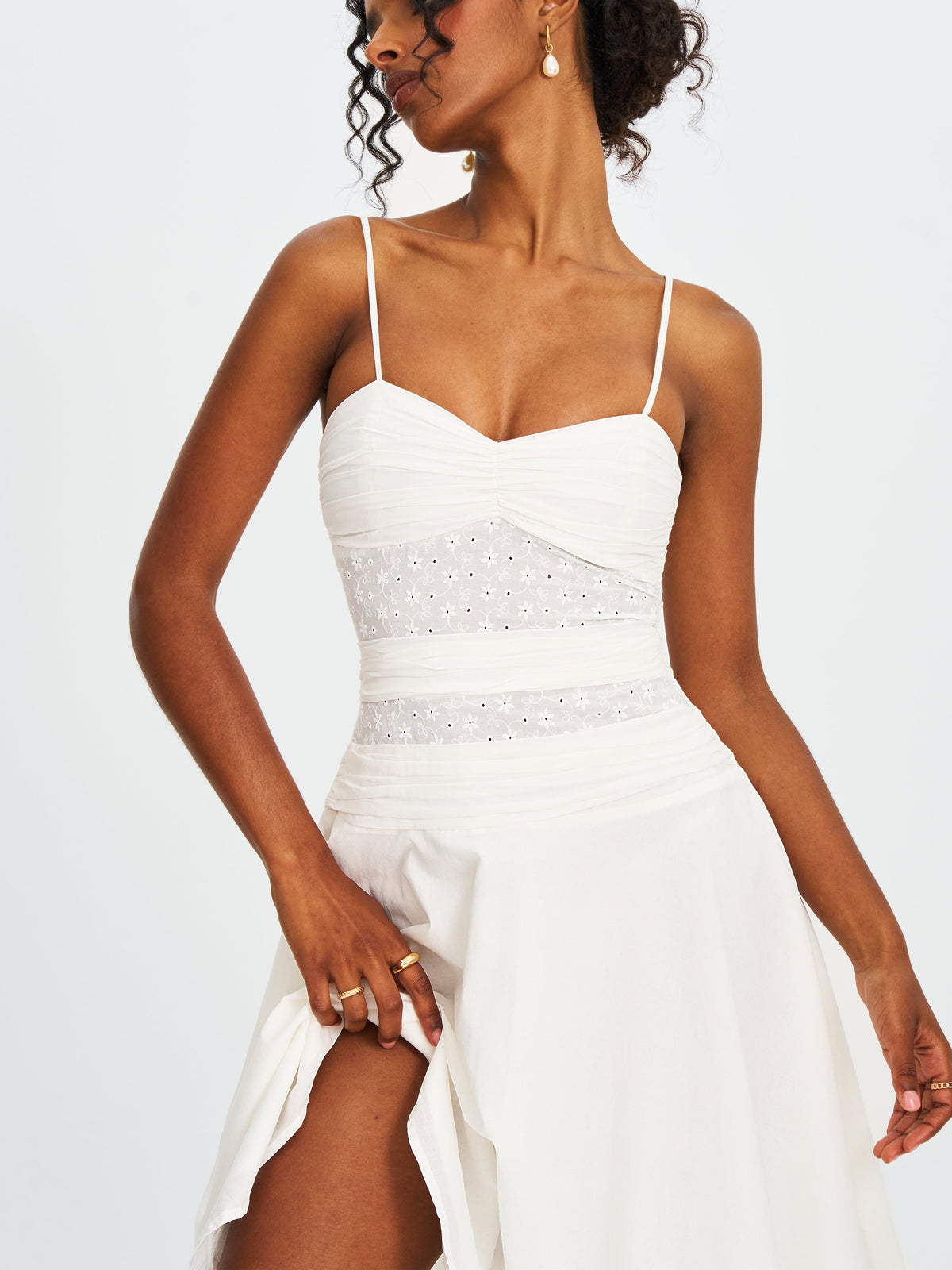 Maelis White Cotton Eyelet Drop Waist Midi Dress