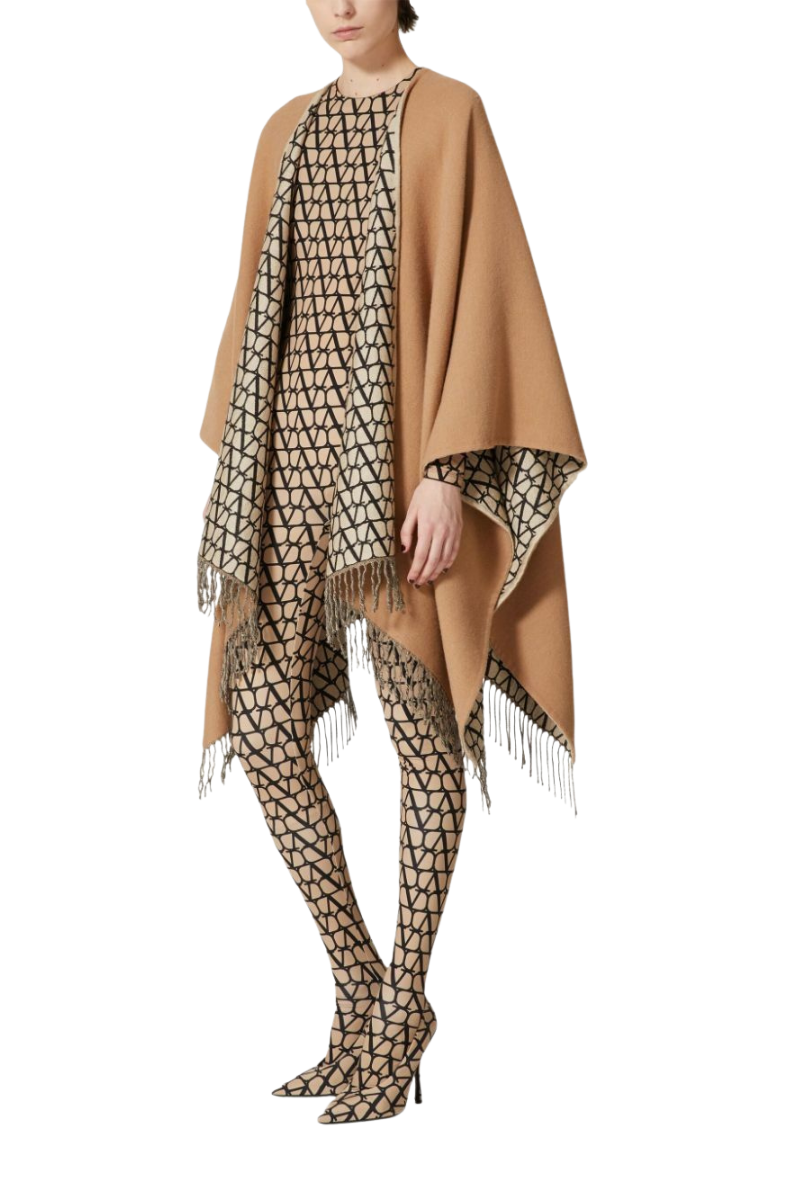 Valentino Asymmetrical Wool Poncho With Fringed Edge In Beige