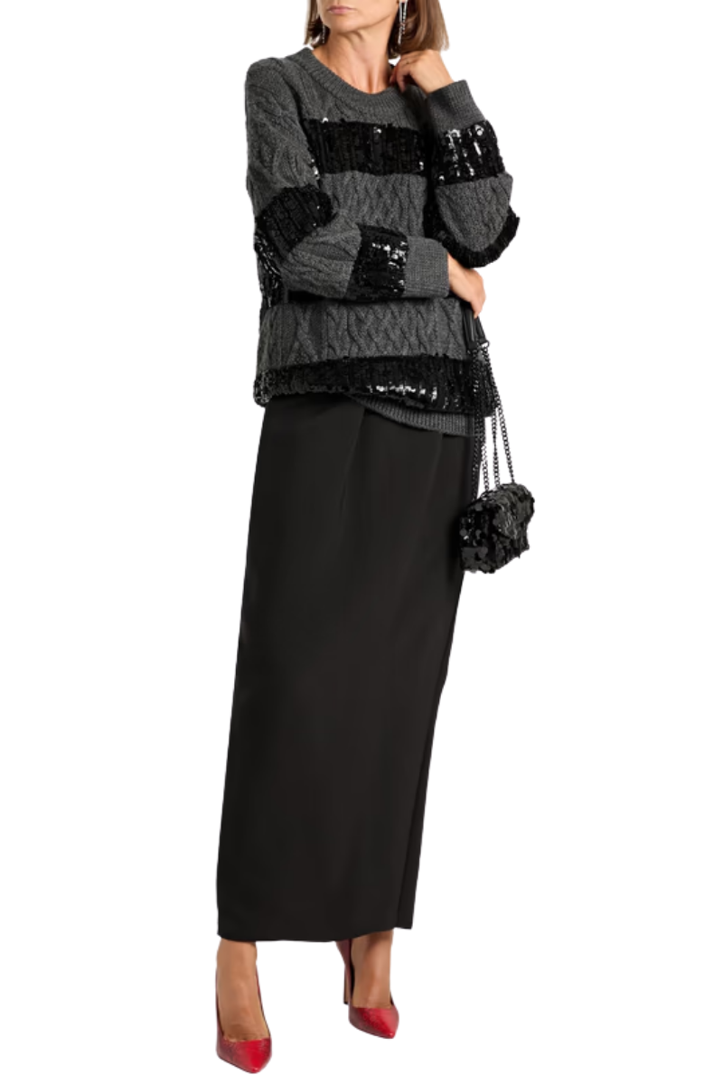 Valentino Garavani Sequin-Embellished Cable-Knit Wool Sweater Grigio Mel.Scuro/Nero 3B0KC50D88A_ZPH