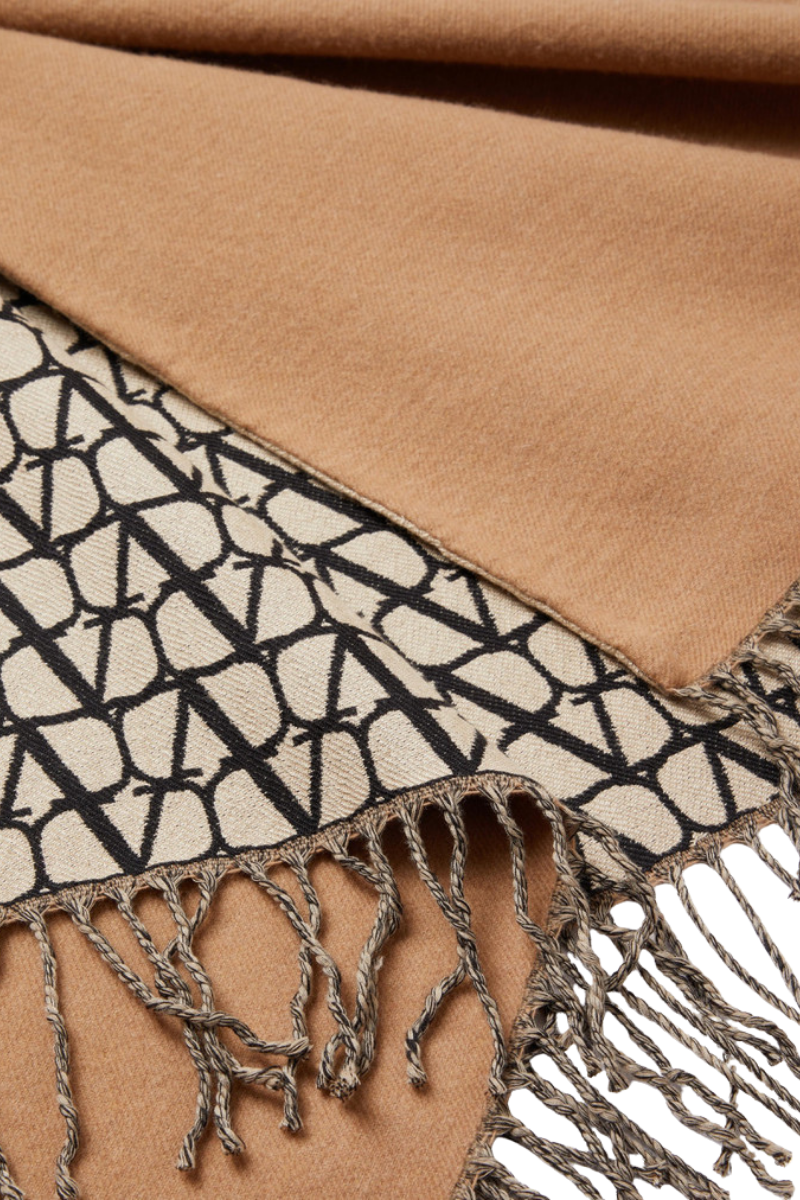 Valentino Asymmetrical Wool Poncho With Fringed Edge In Beige