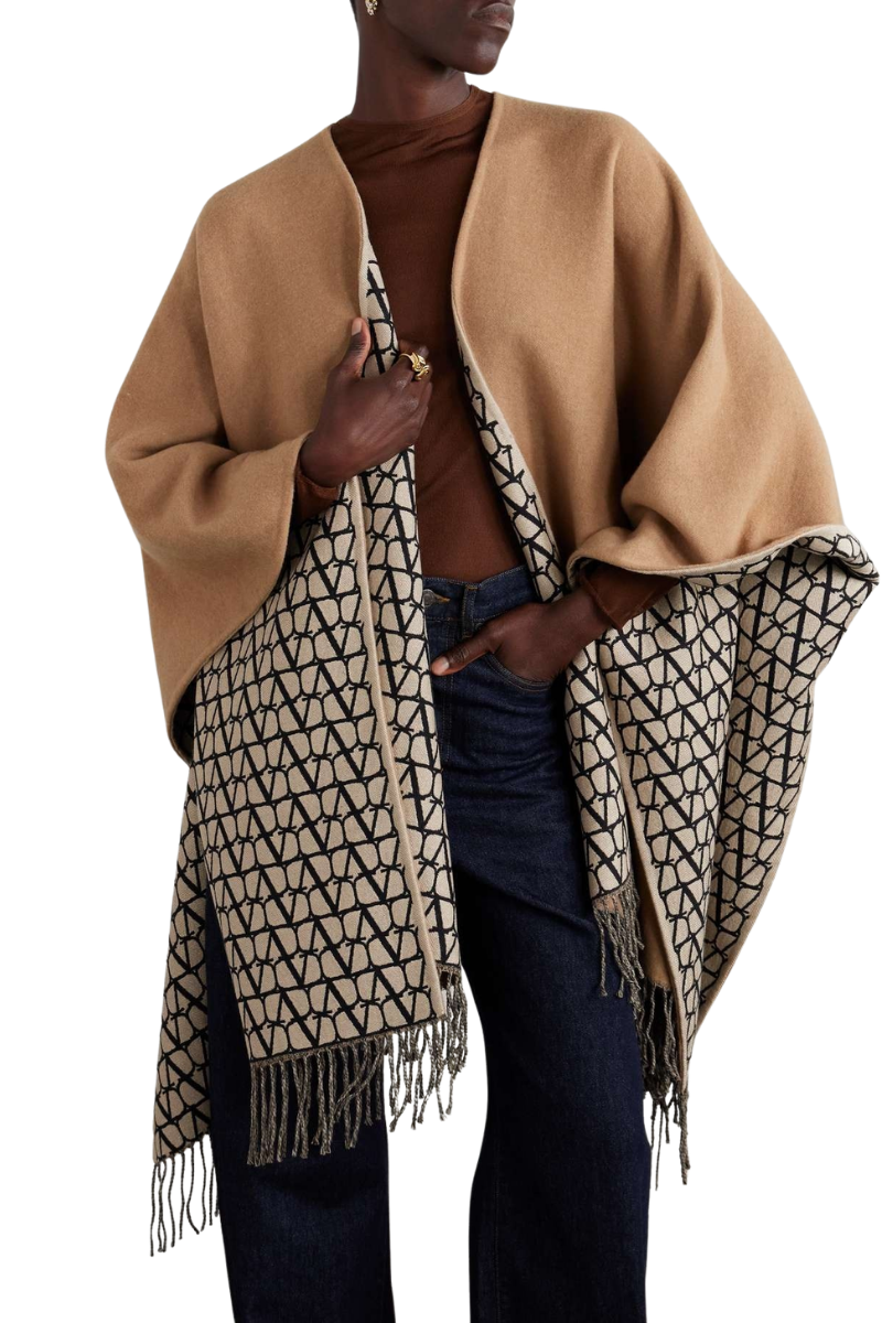 Valentino Asymmetrical Wool Poncho With Fringed Edge In Beige