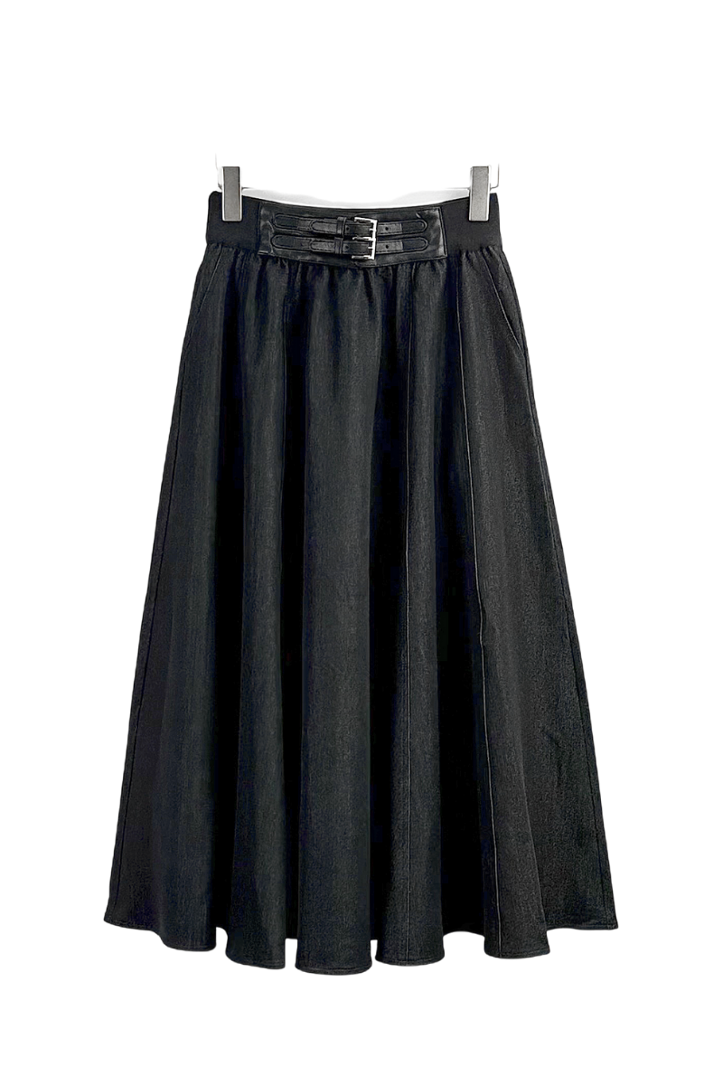 Max Simple Double-Buckle A-Line Skirt Black