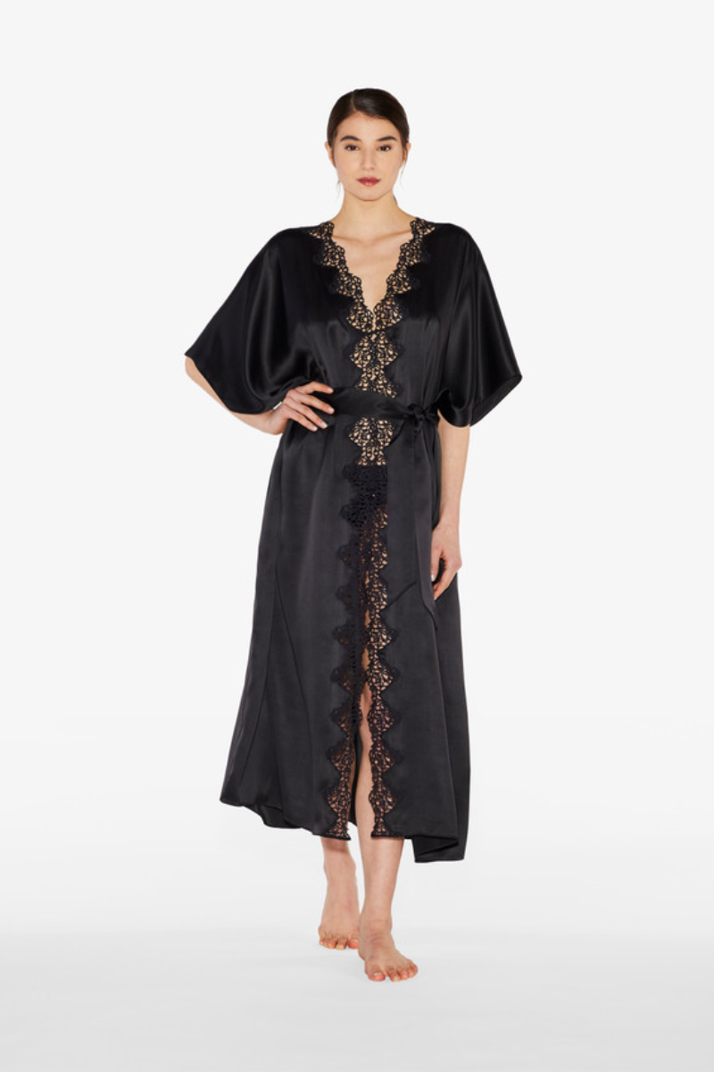 La Perla Black Long Silk Robe With Macramé