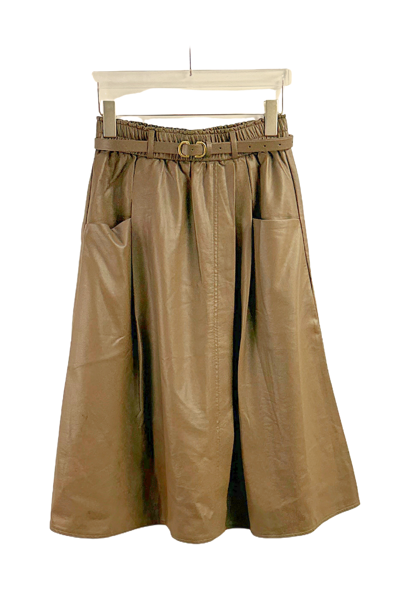 Max Simple Vegan Leather Belted Skirt Brown