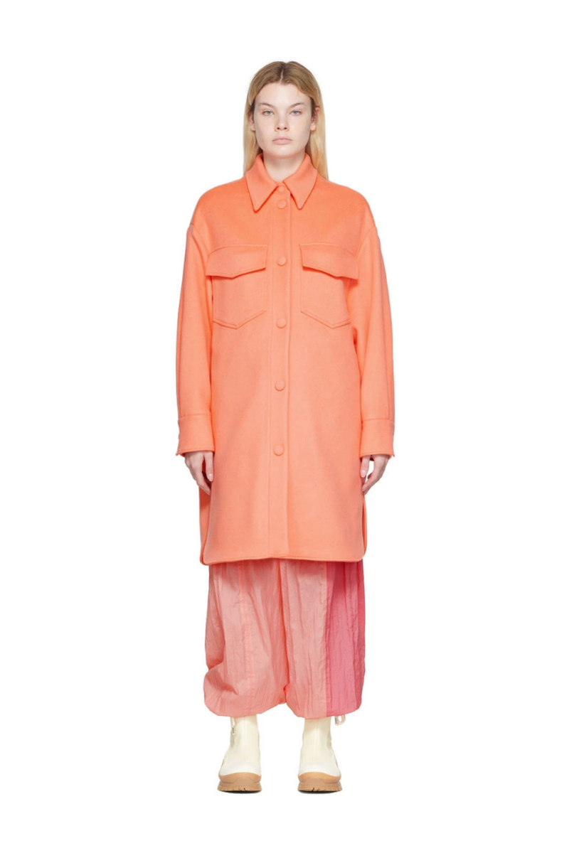 Stella McCartney Kerry Coat in Orange, wool flannel coat featuring spread collar and flap pockets.