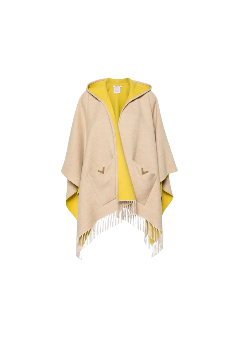 Valentino Garavani Logo-Plaque Fringe-Edge Cape In Neutrals