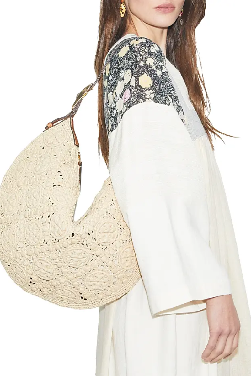 Tory Burch T Monogram Raffia Balloon Bag in Natural