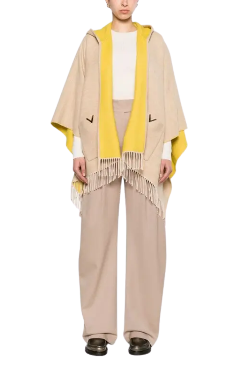 Valentino Garavani Logo-Plaque Fringe-Edge Cape In Neutrals