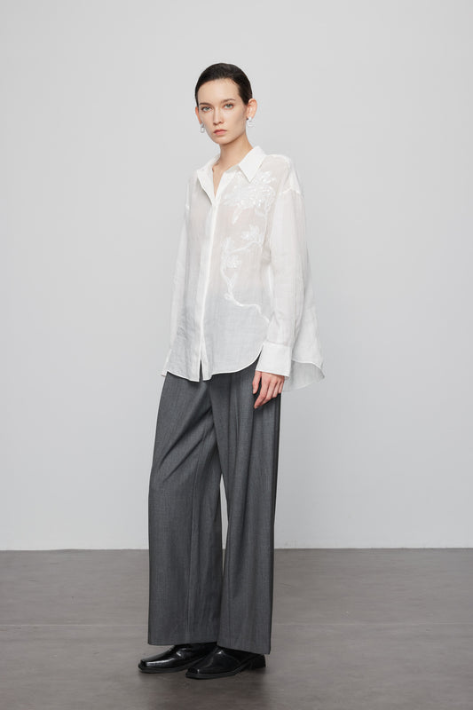 Max Simple Ramie Embroidered Shirt White MSJS250011W