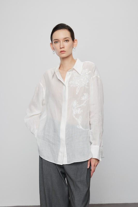 Max Simple Ramie Embroidered Shirt White MSJS250011W