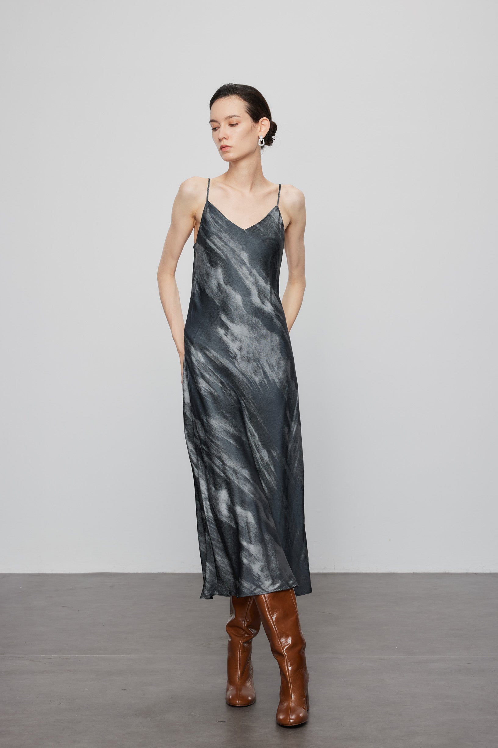 Max Simple Landscape Watercolor Print Silk Slip Dress Black
