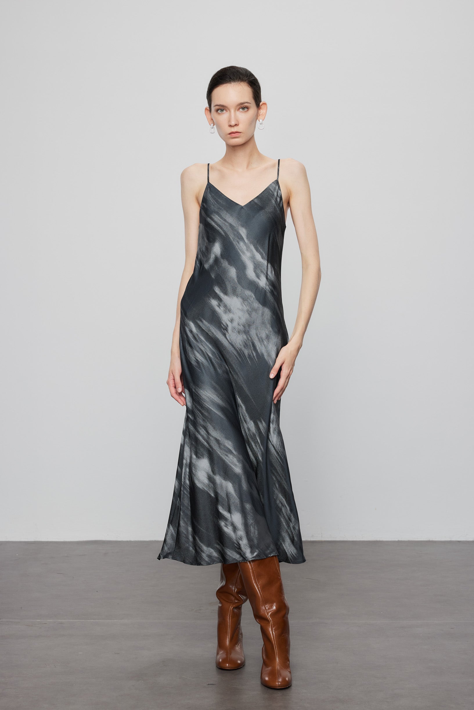 Max Simple Landscape Watercolor Print Silk Slip Dress Black