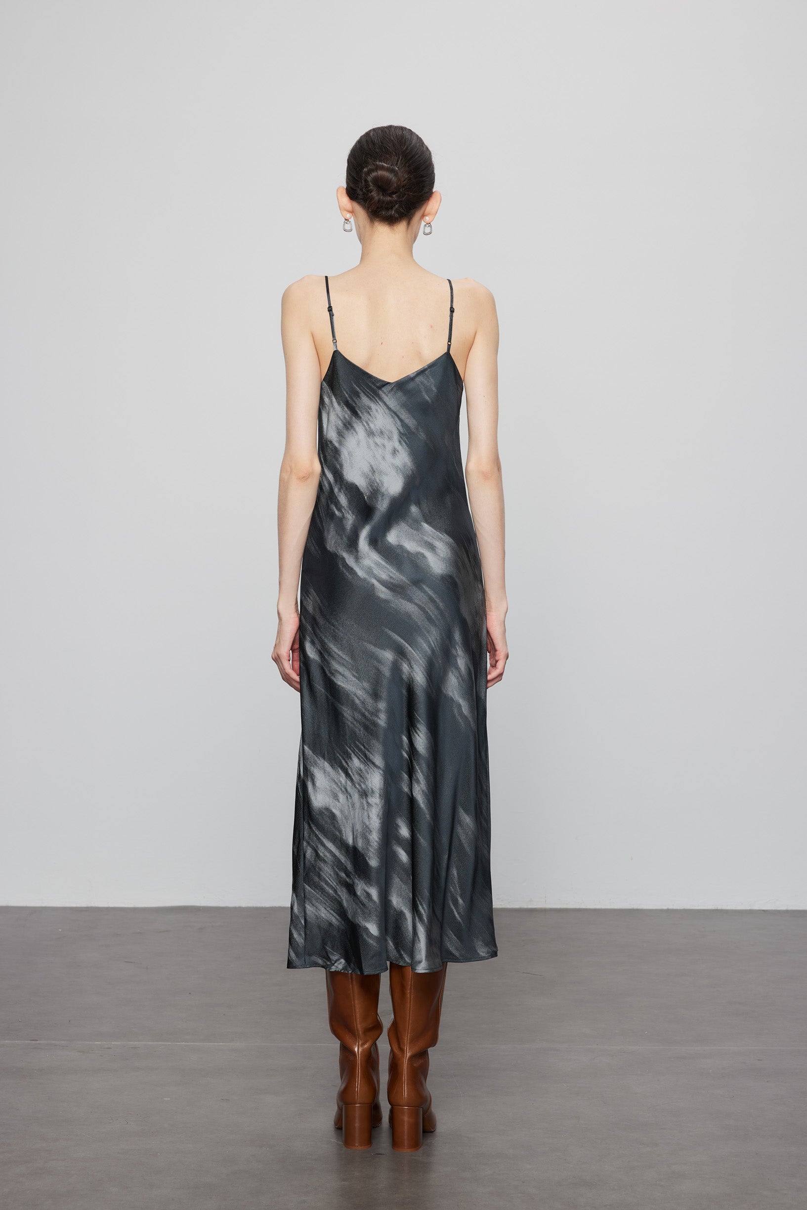 Max Simple Landscape Watercolor Print Silk Slip Dress Black
