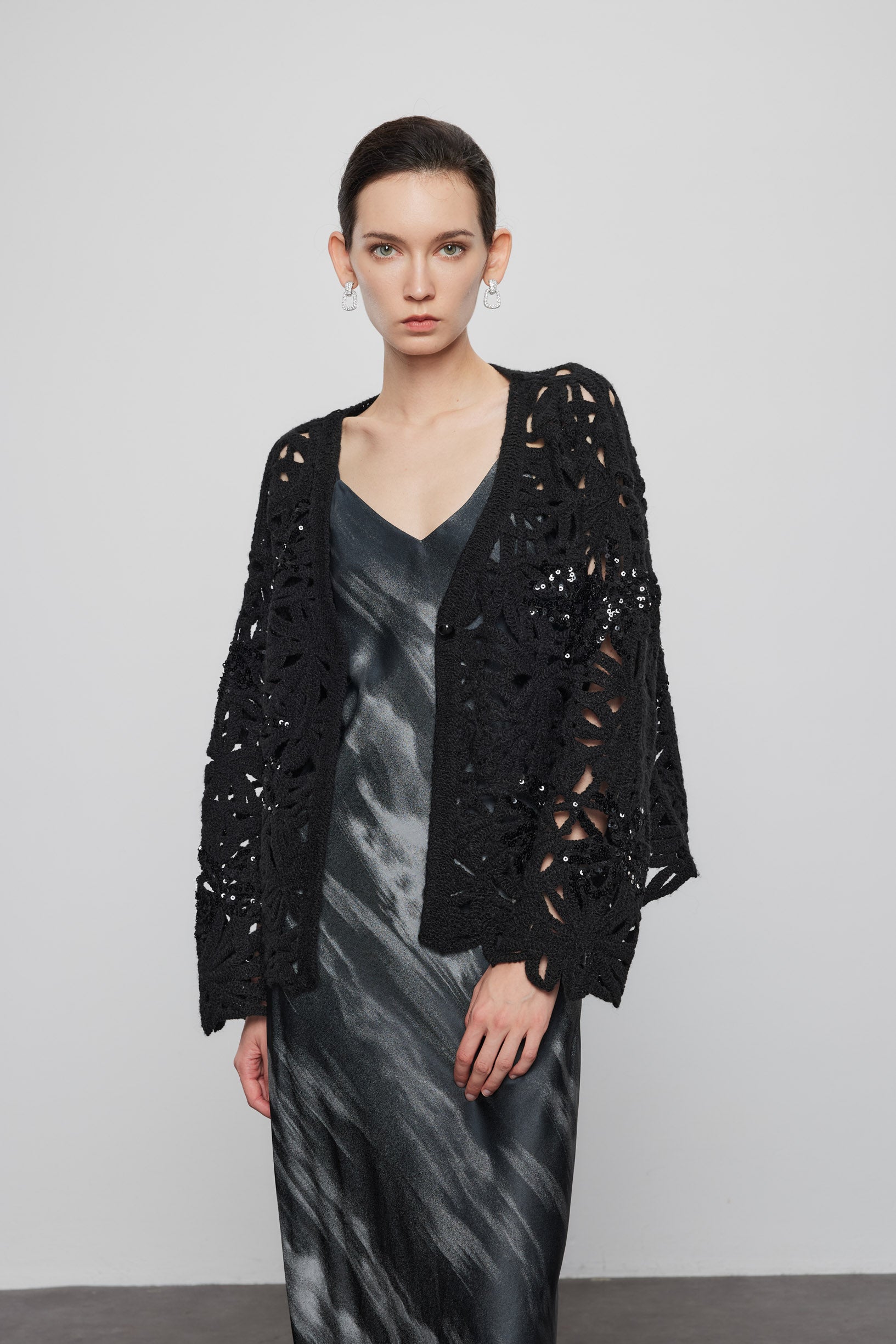 Max Simple Beaded Crochet  Cardigan Black