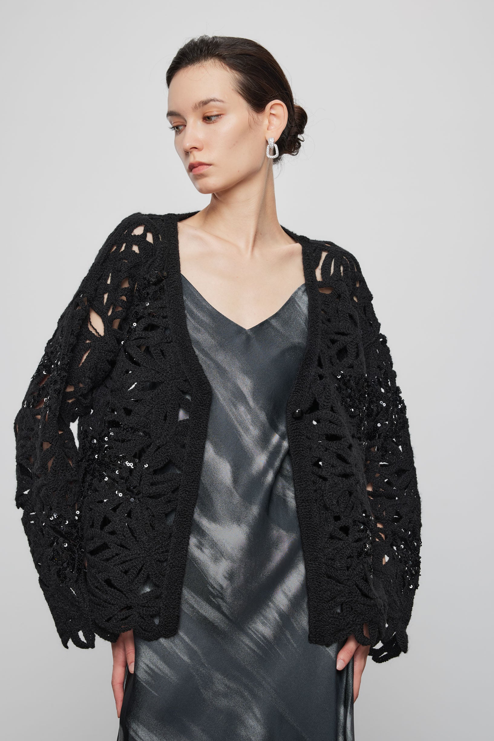 Max Simple Beaded Crochet  Cardigan Black