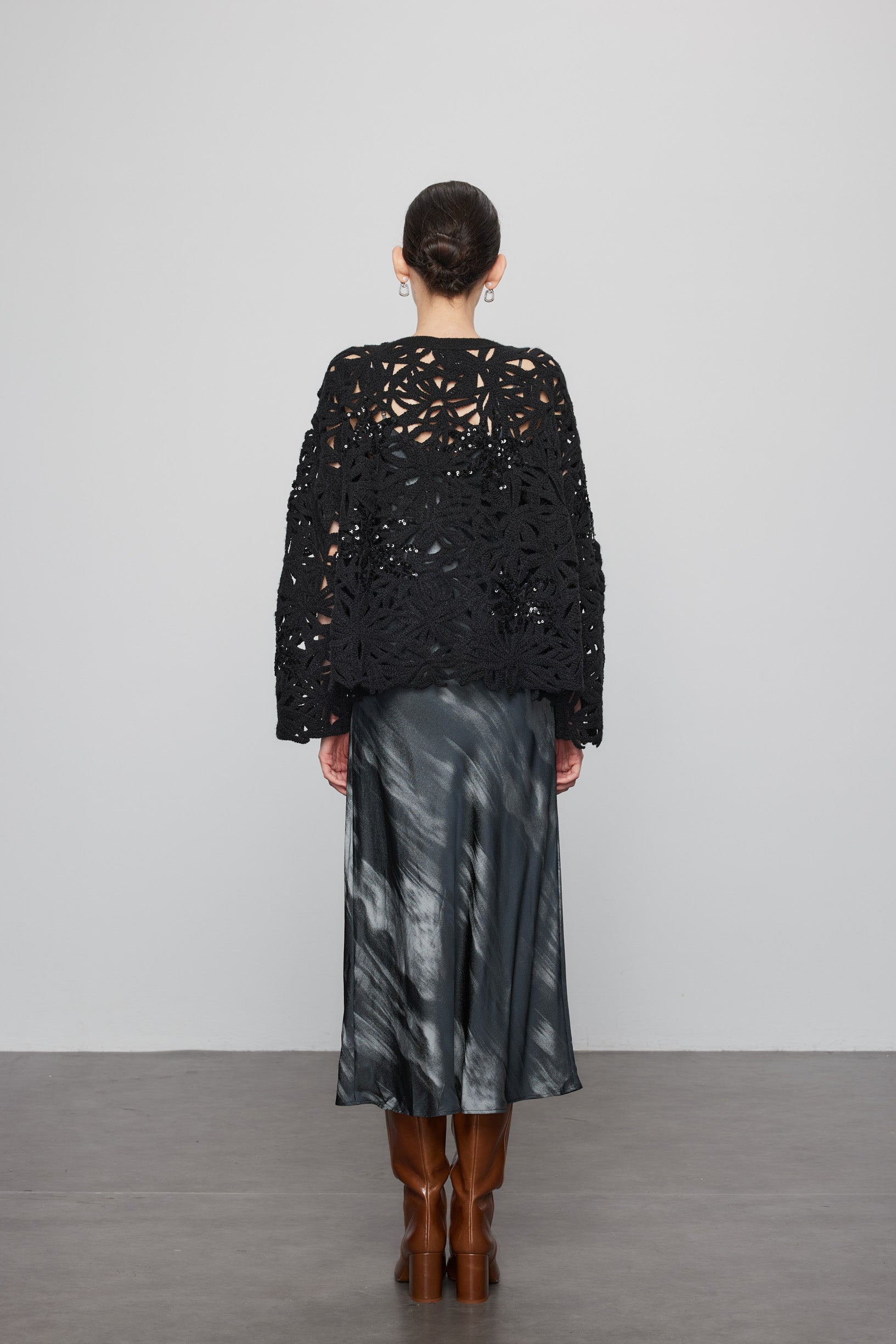 Max Simple Beaded Crochet  Cardigan Black