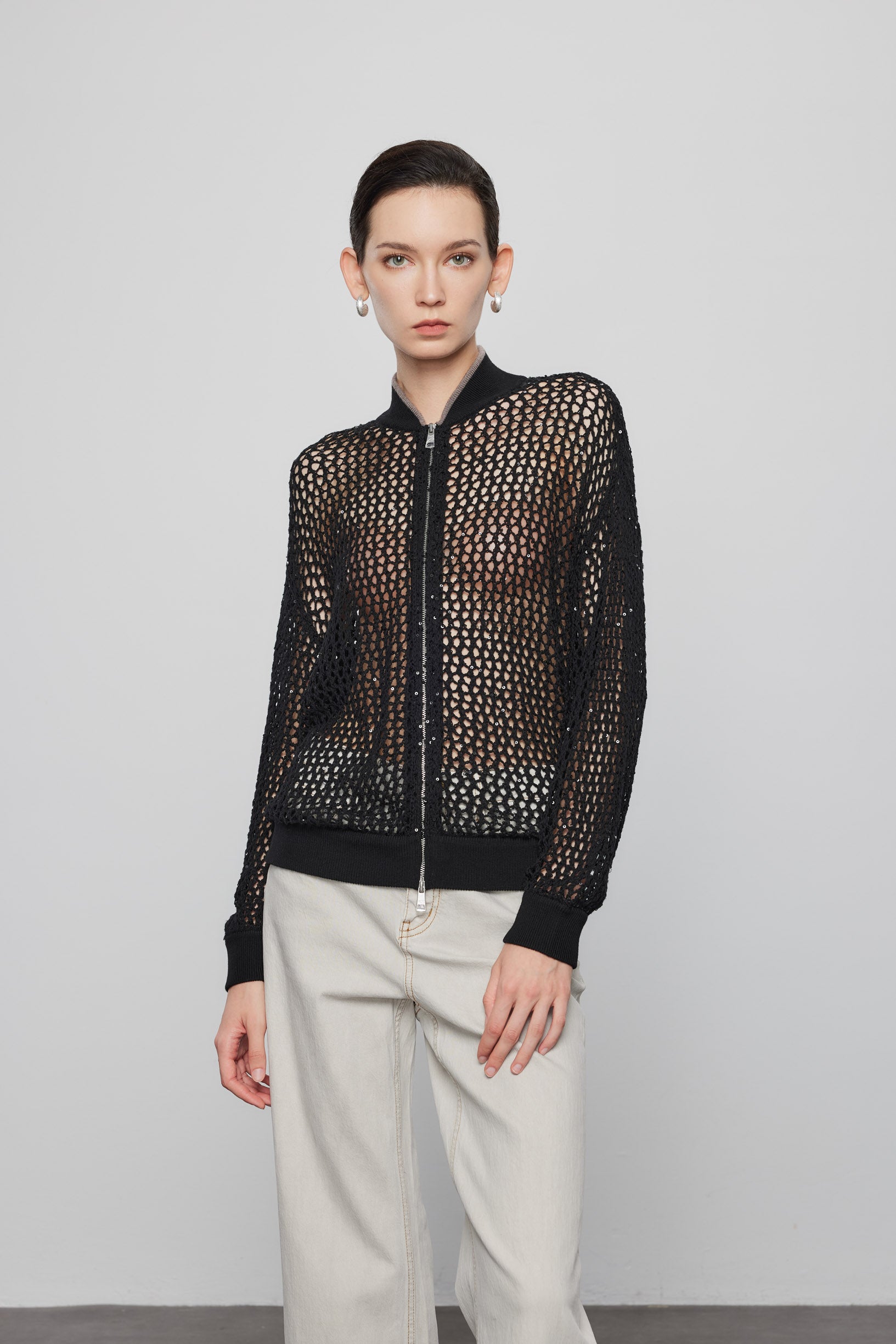 Max Simple Full-Zip Sequin Wool Cardigan_Black