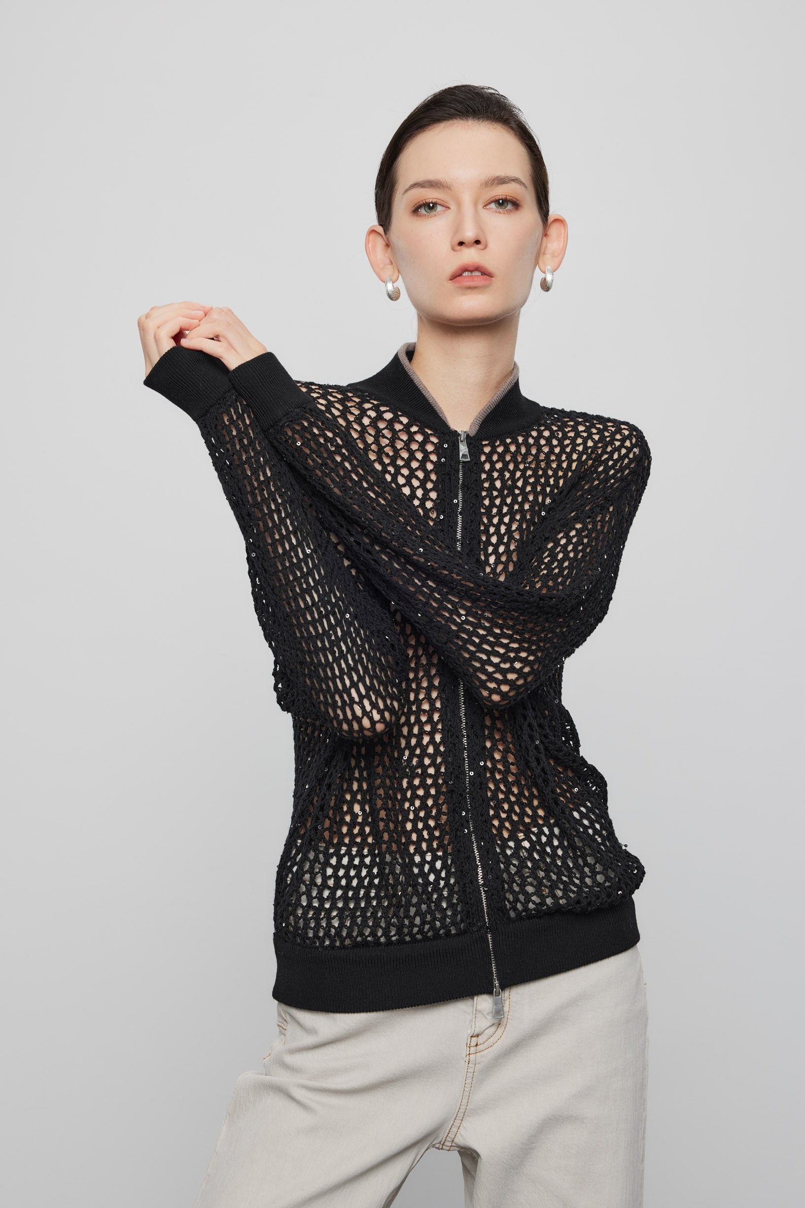 Max Simple Full-Zip Sequin Wool Cardigan_Black