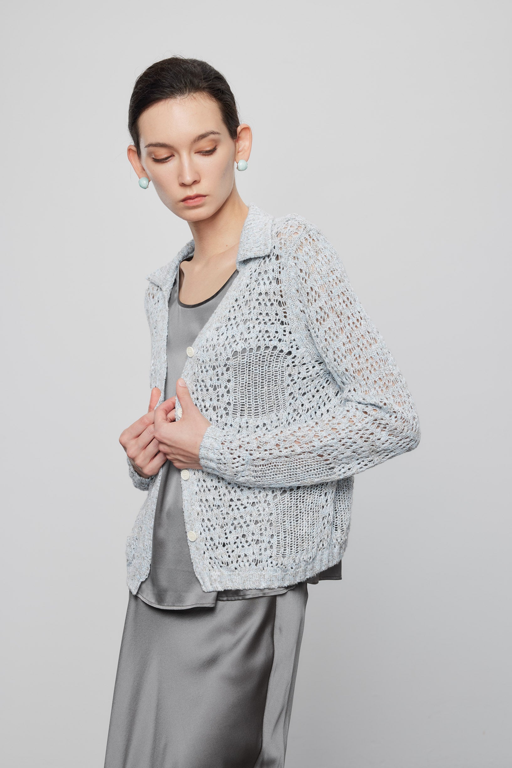 Max Simple Crochet Notch Collar Cardigan_Baby Blue