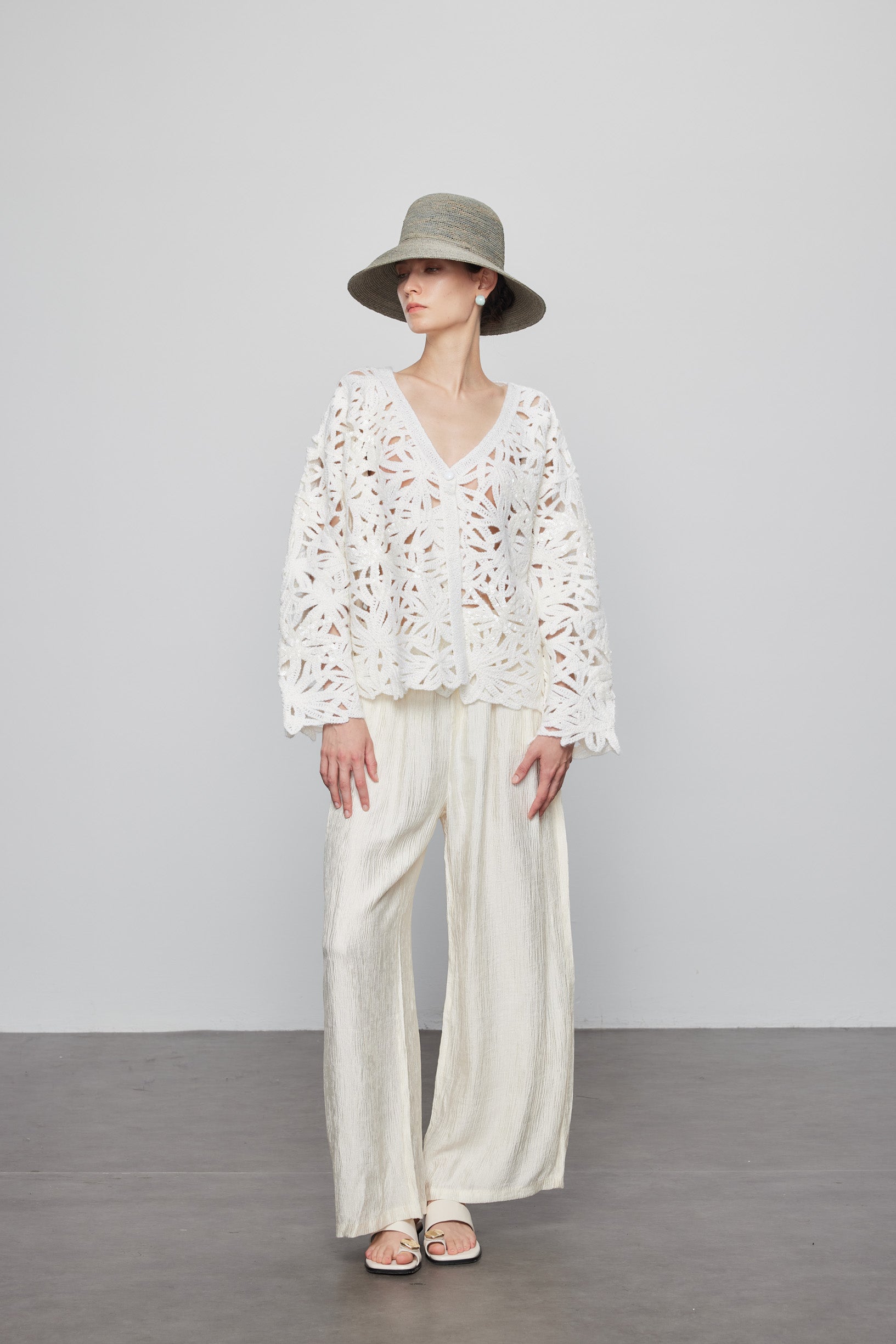 Max Simple Beaded Crochet  Cardigan White
