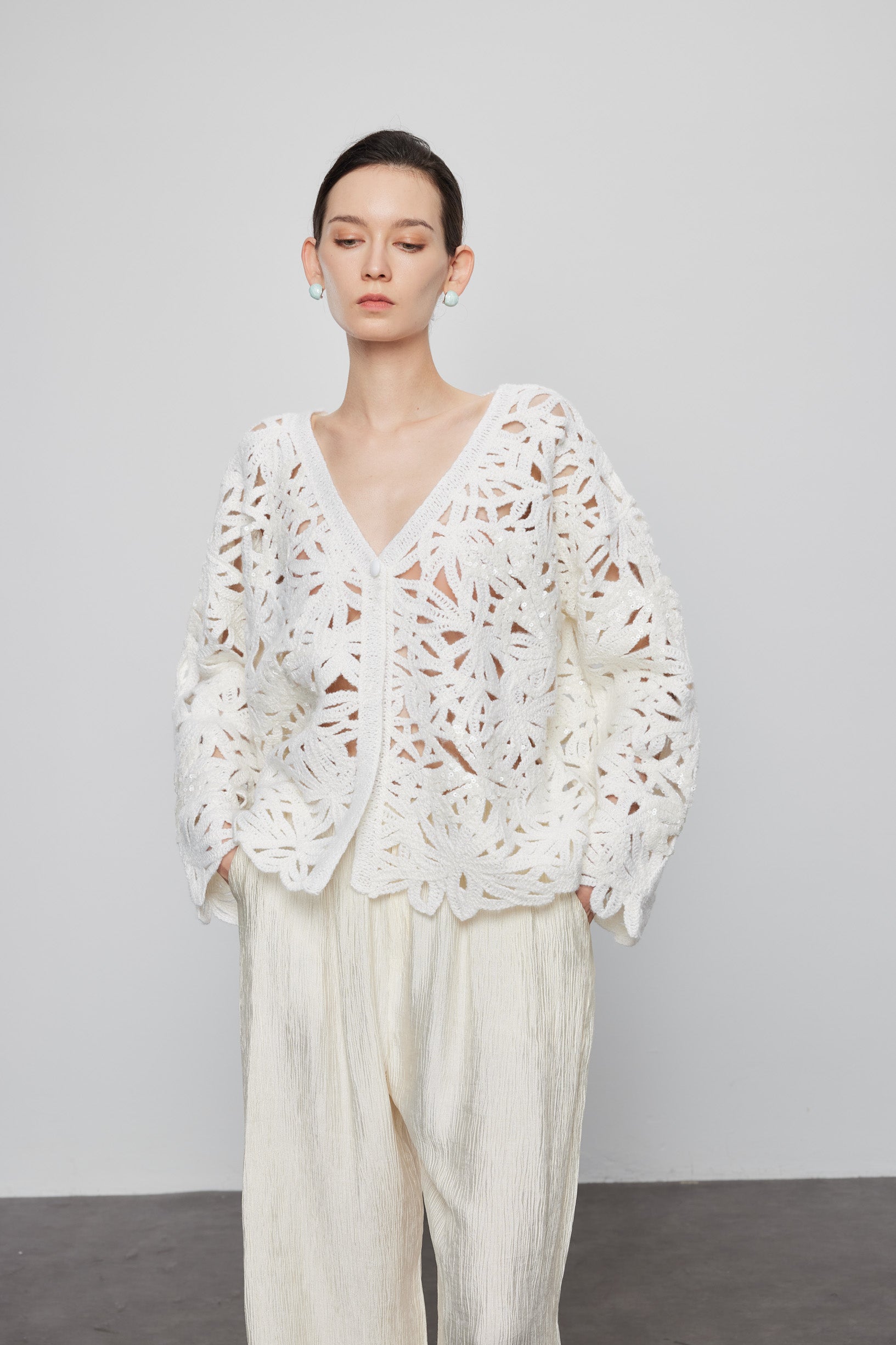 Max Simple Beaded Crochet  Cardigan White