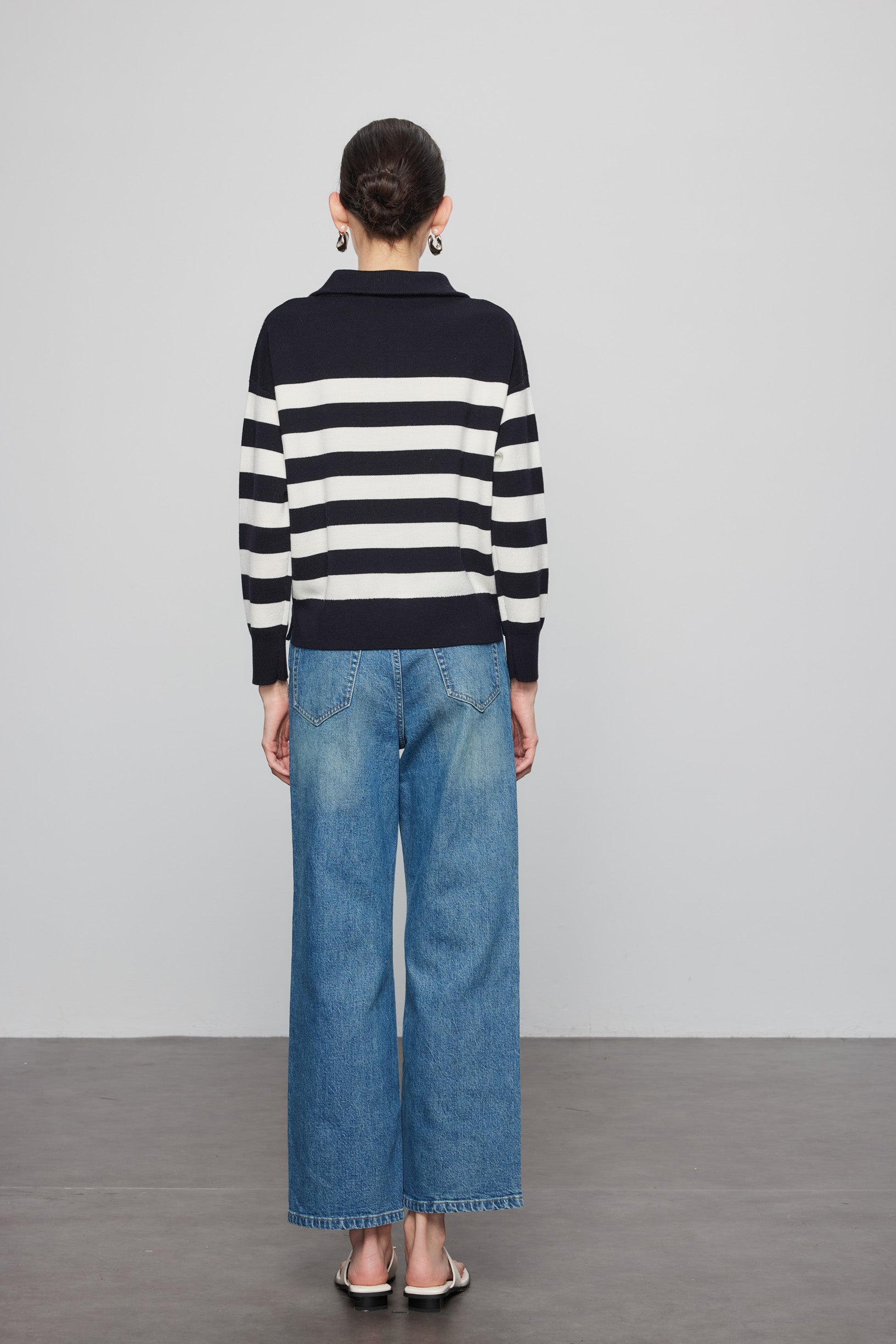 Max Simple Half-Zip Striped Wool Pullover Navy And White