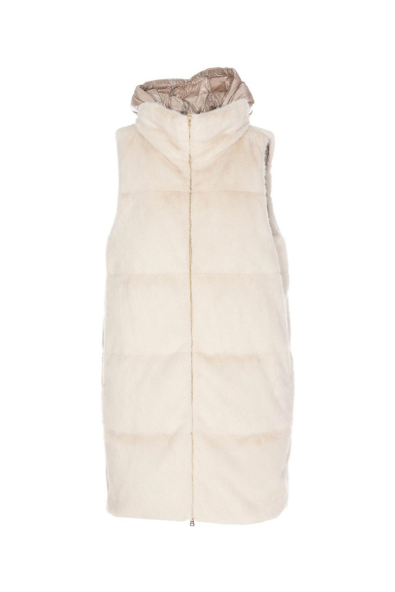 Herno  Woman's Zip-Up Faux Fur Hooded Gilet Beige