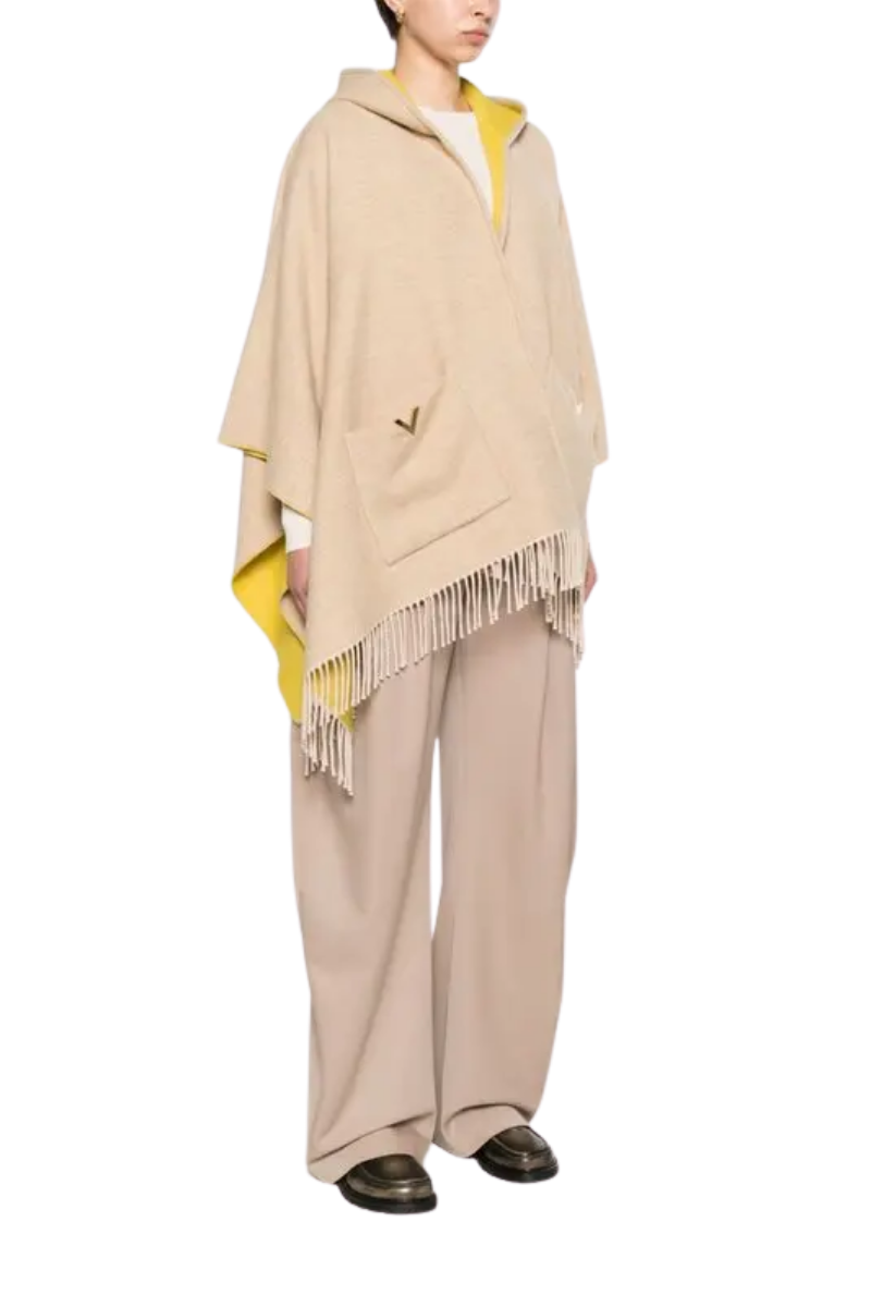 Valentino Garavani Logo-Plaque Fringe-Edge Cape In Neutrals