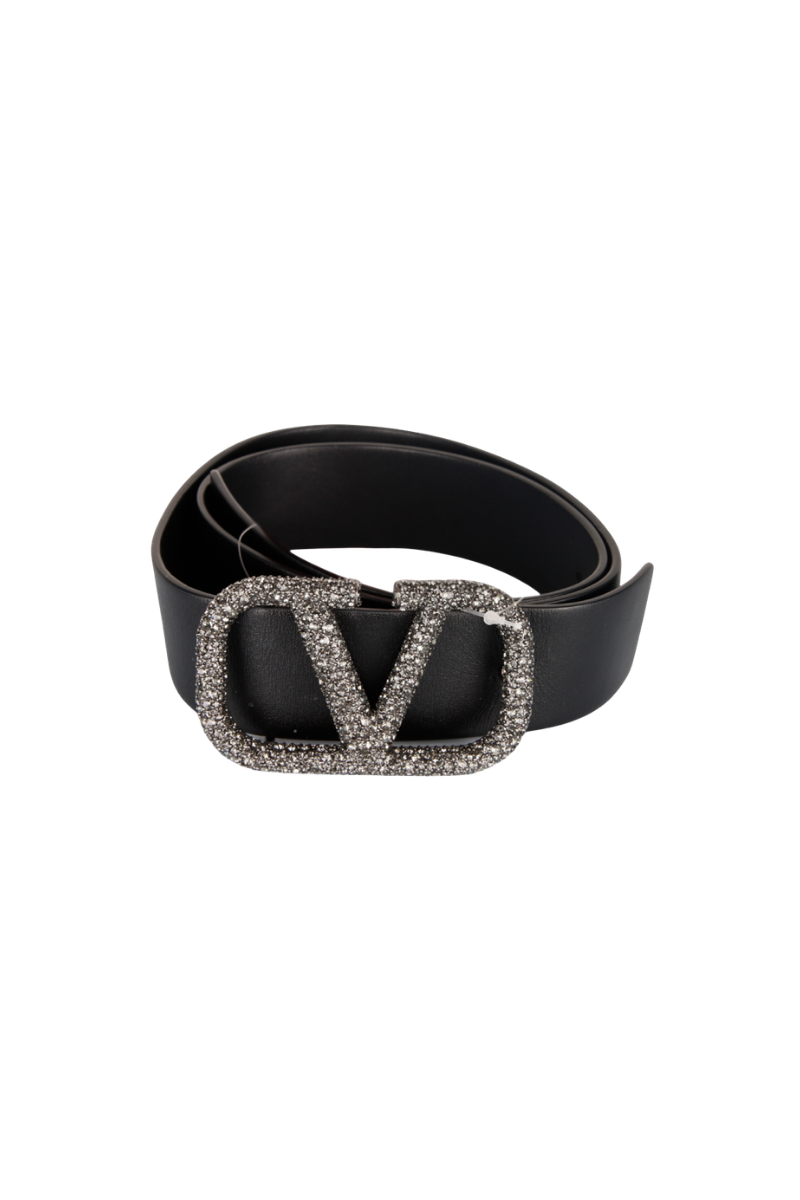 Valentino Garavani Go Logo Crystal Buckle Leather Belt