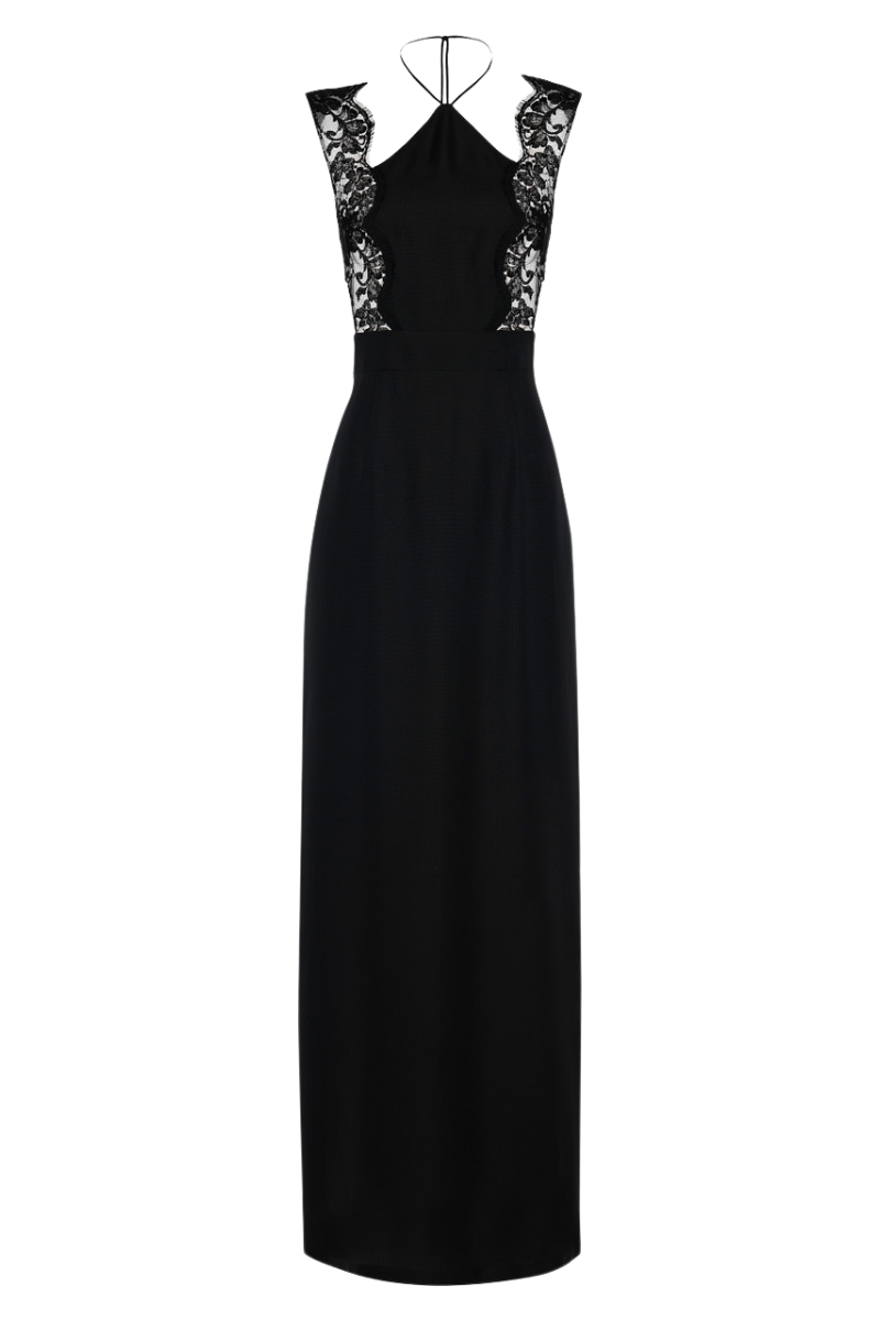 La Perla Halterneck Nightgown In Black Silk With Leavers Lace
