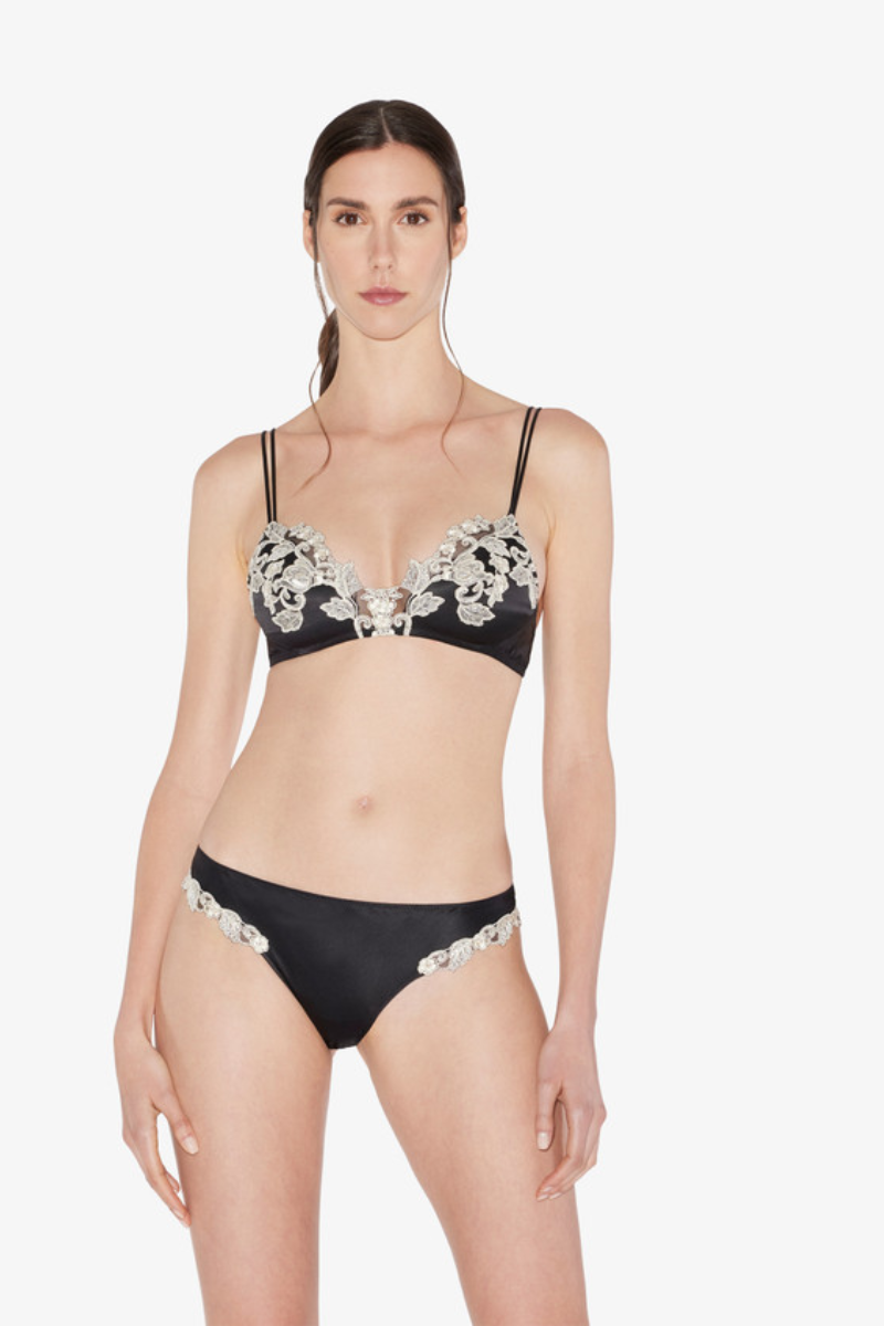 La Perla Black Silk Non-Wired Triangle Bra with Ivory Frastaglio