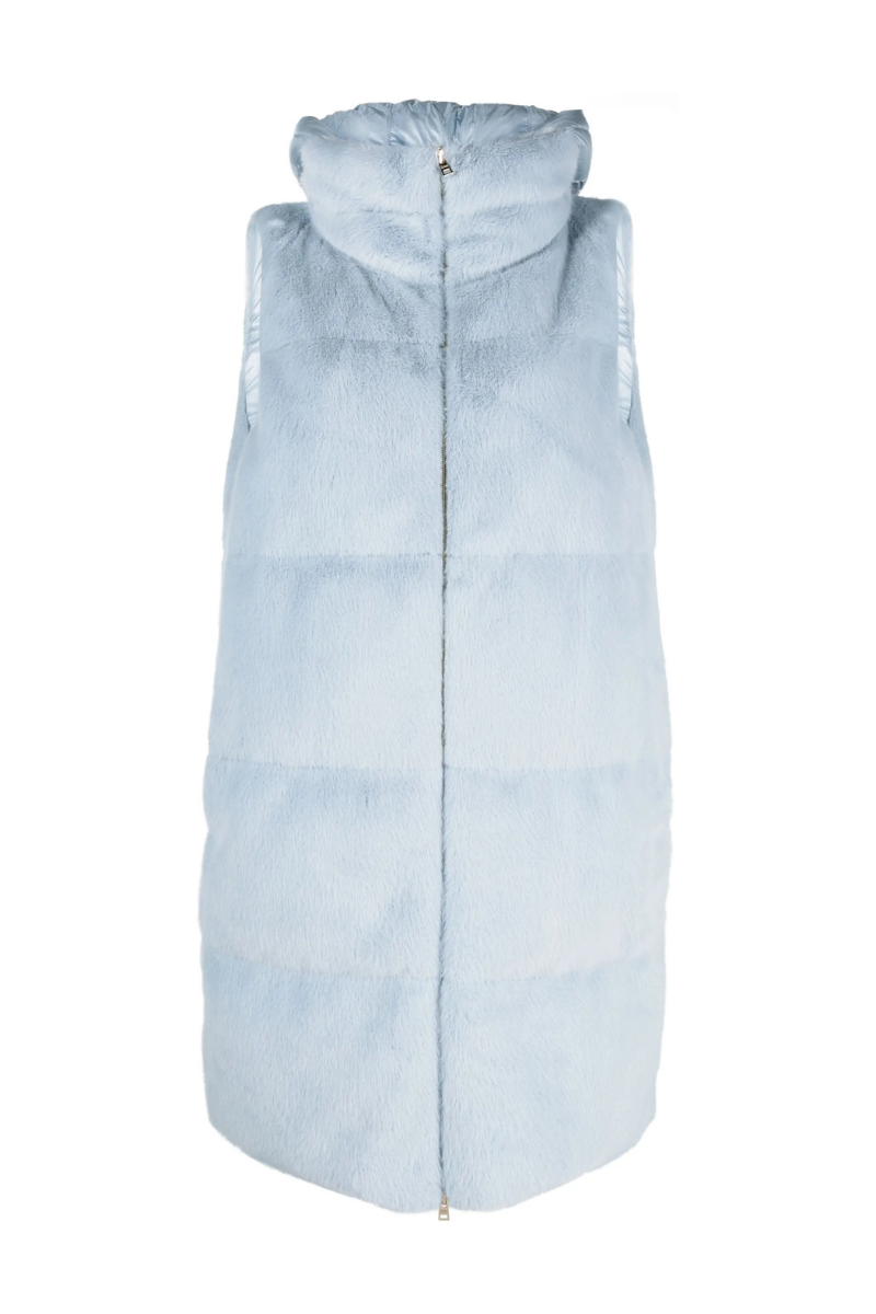 Herno Woman's Zip-Up Faux Fur Hooded Gilet Baby Blue