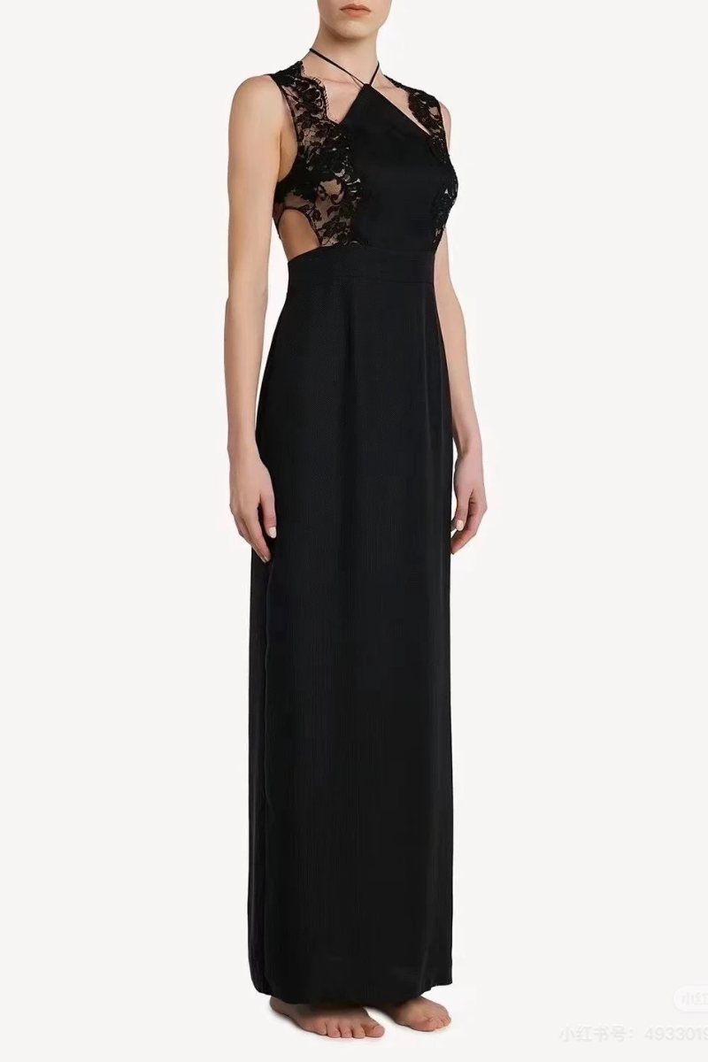 La Perla Halterneck Nightgown In Black Silk With Leavers Lace